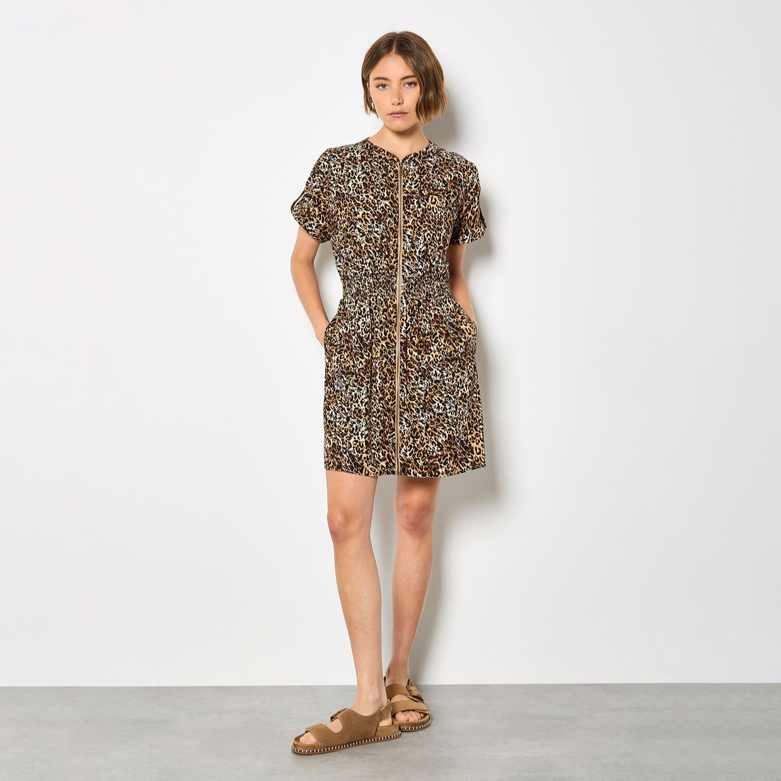 Apricot Leopard Print Linen Mix Dress