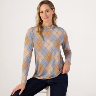 Kim & Co Argyle Print Fine Sweater Knit Mock Neck Top