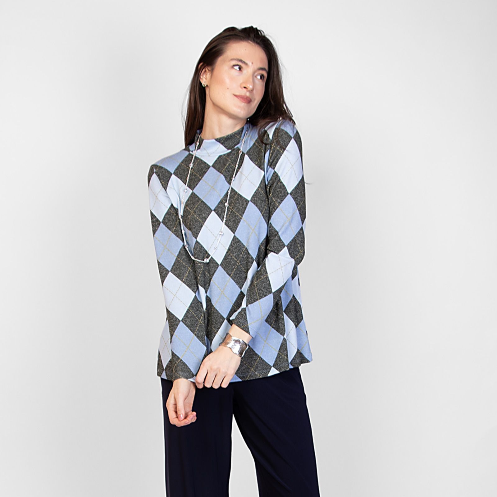 Kim & Co Argyle Print Fine Sweater Knit Mock Neck Top
