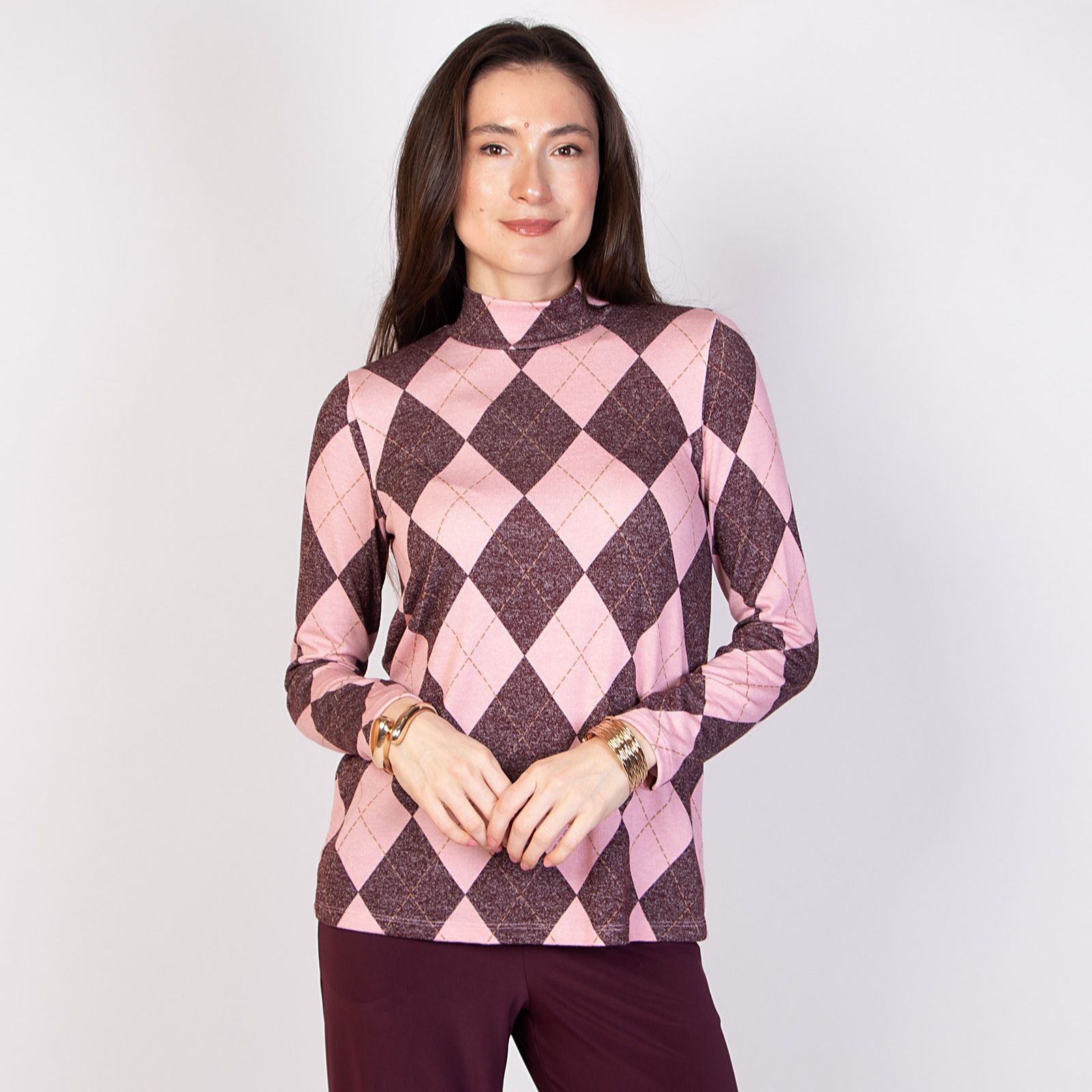 Kim & Co Argyle Print Fine Sweater Knit Mock Neck Top