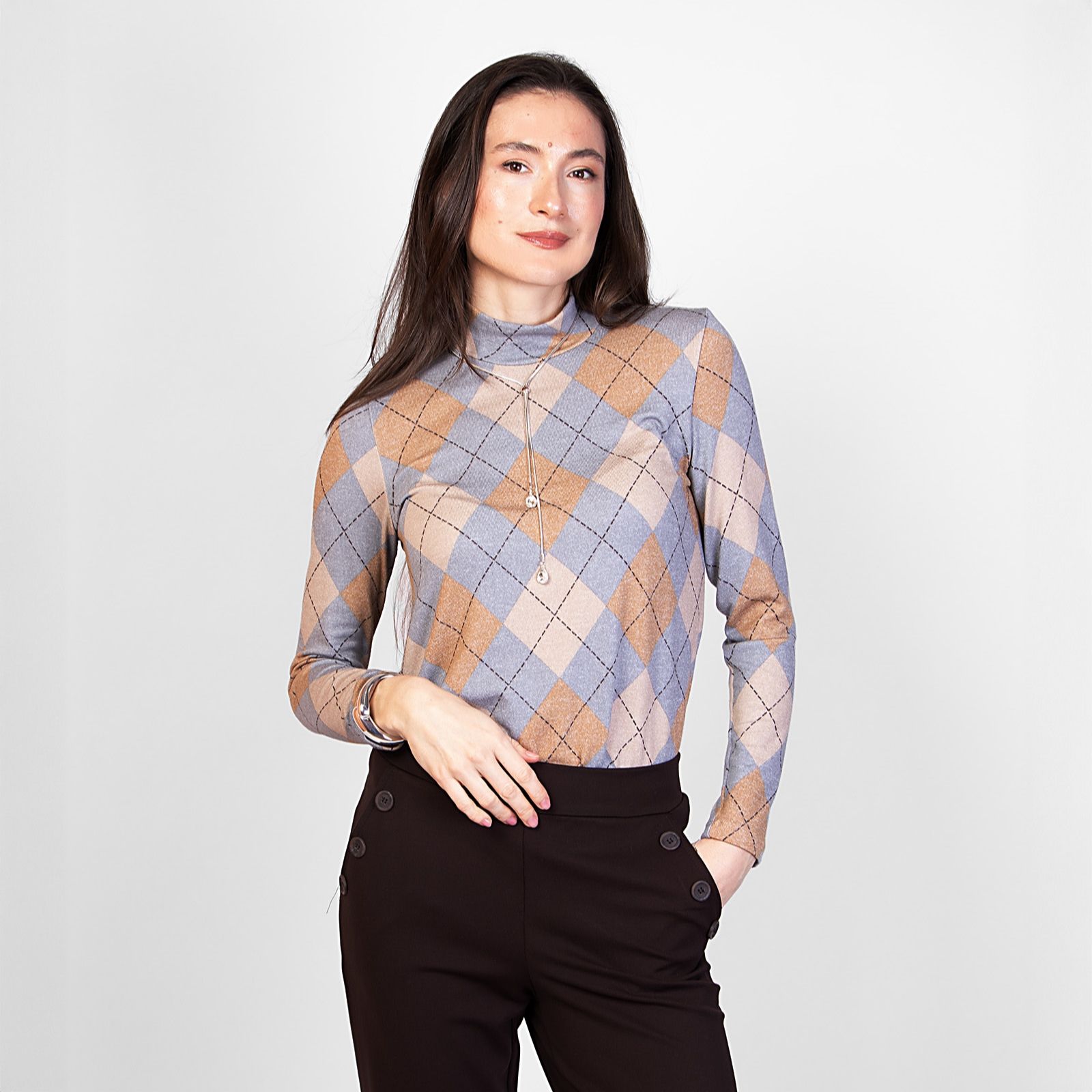 Kim & Co Argyle Print Fine Sweater Knit Mock Neck Top