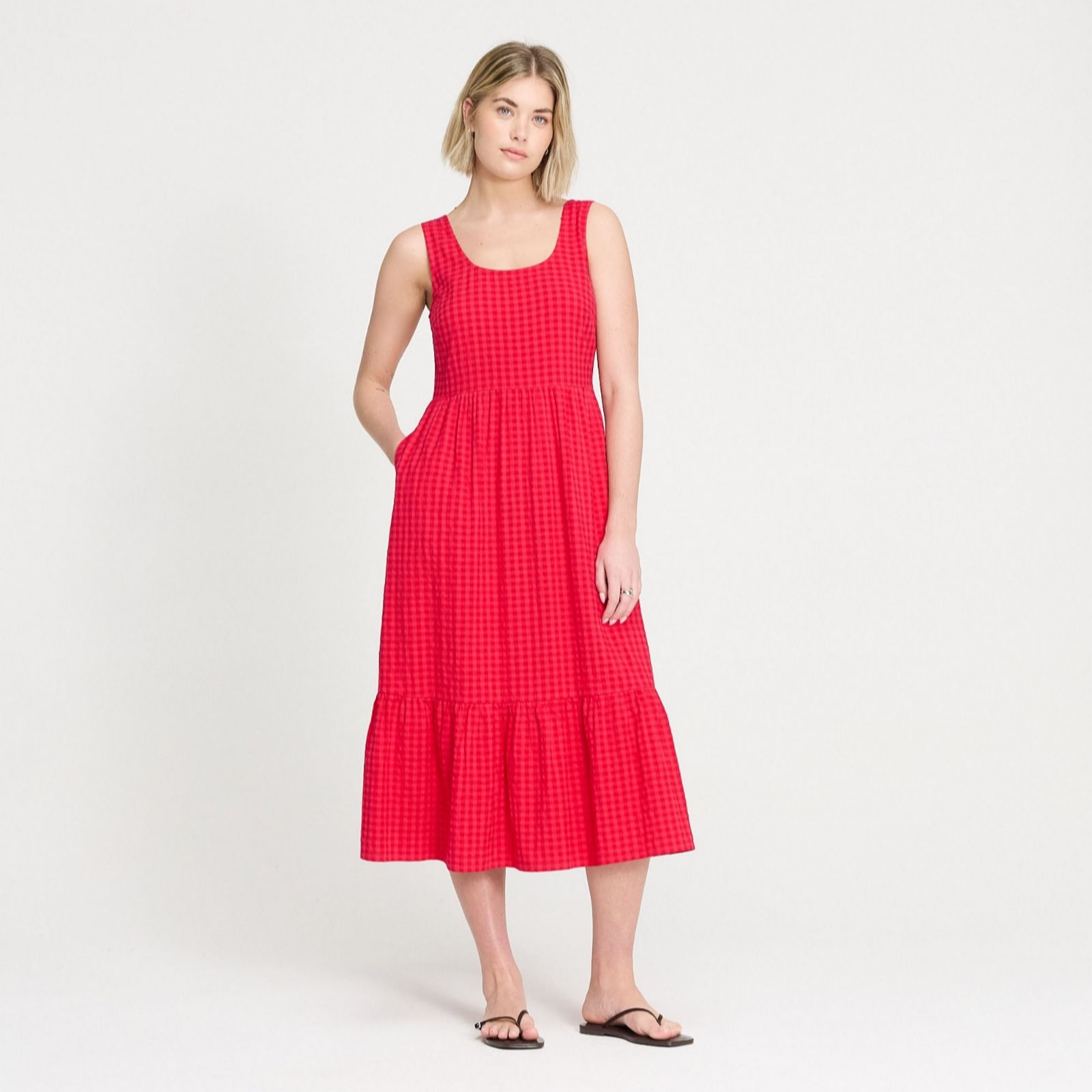 Finery London Cara Cotton Seersucker Sleeveless Midi Dress Standard