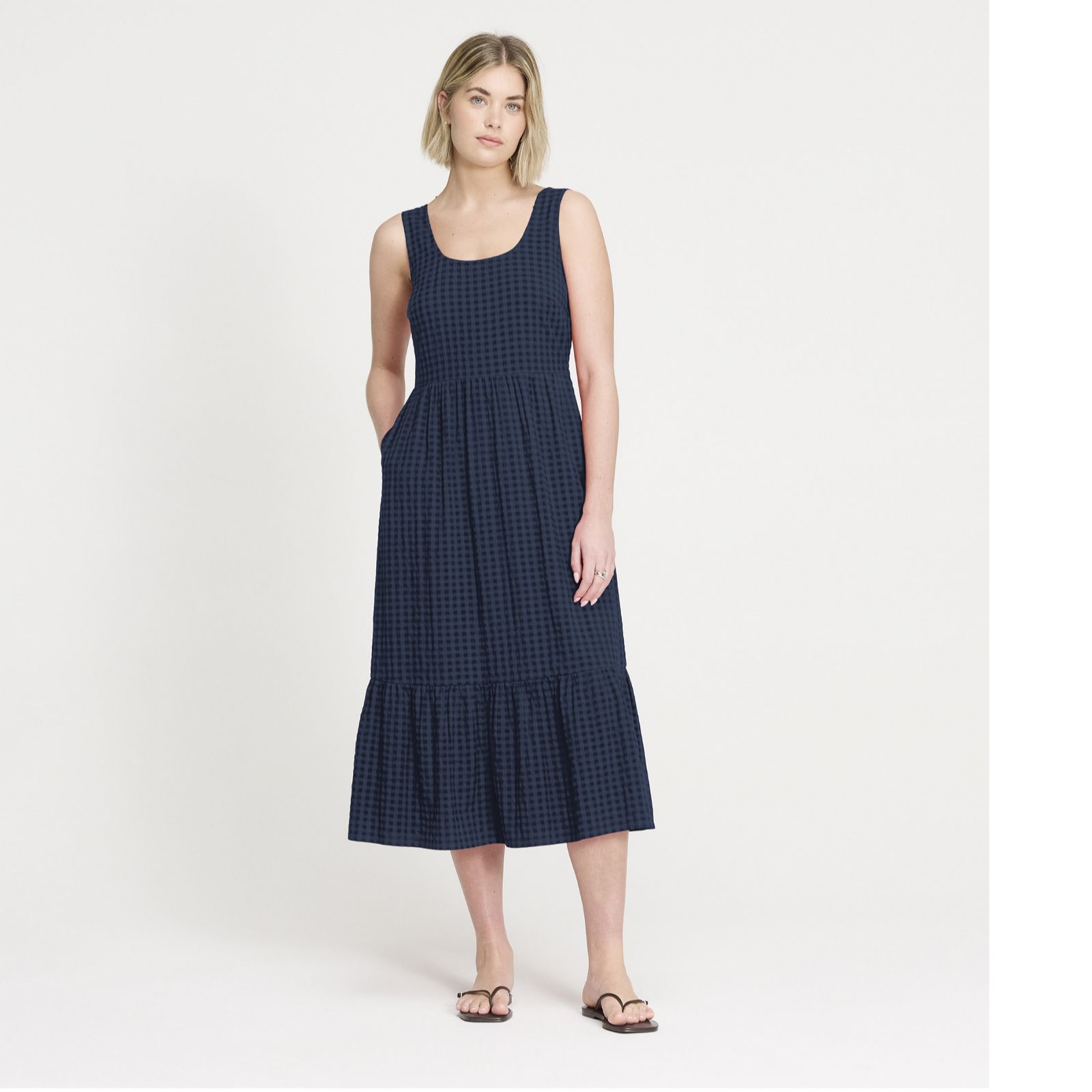 Finery London Cara Cotton Seersucker Sleeveless Midi Dress Standard