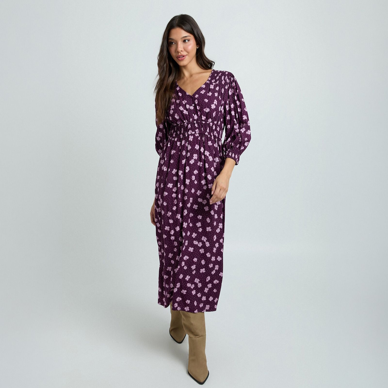 Dorothy Perkins Shirred Detail Blouson Sleeve Midi Dress Petite