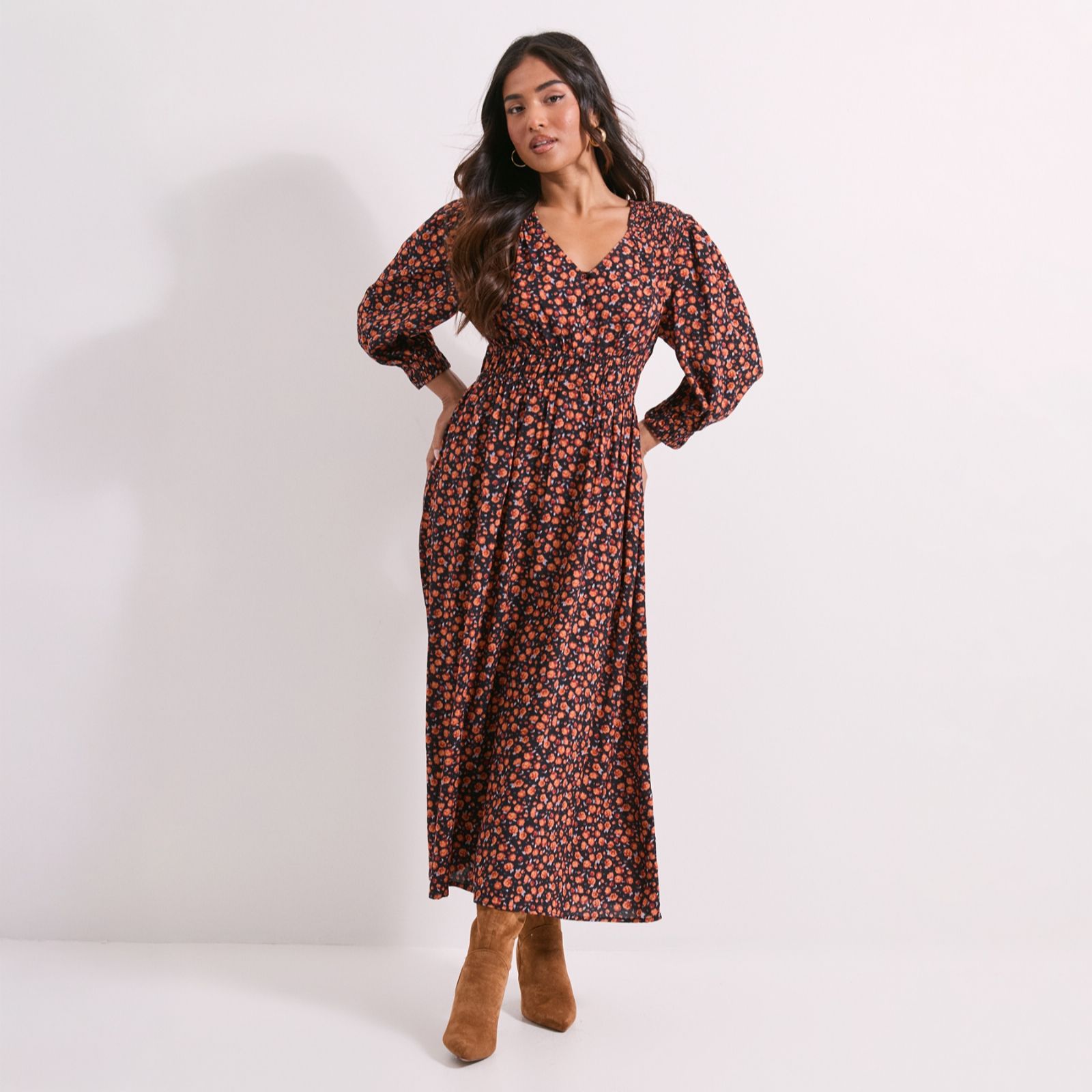 Dorothy Perkins Shirred Detail Blouson Sleeve Midi Dress Petite