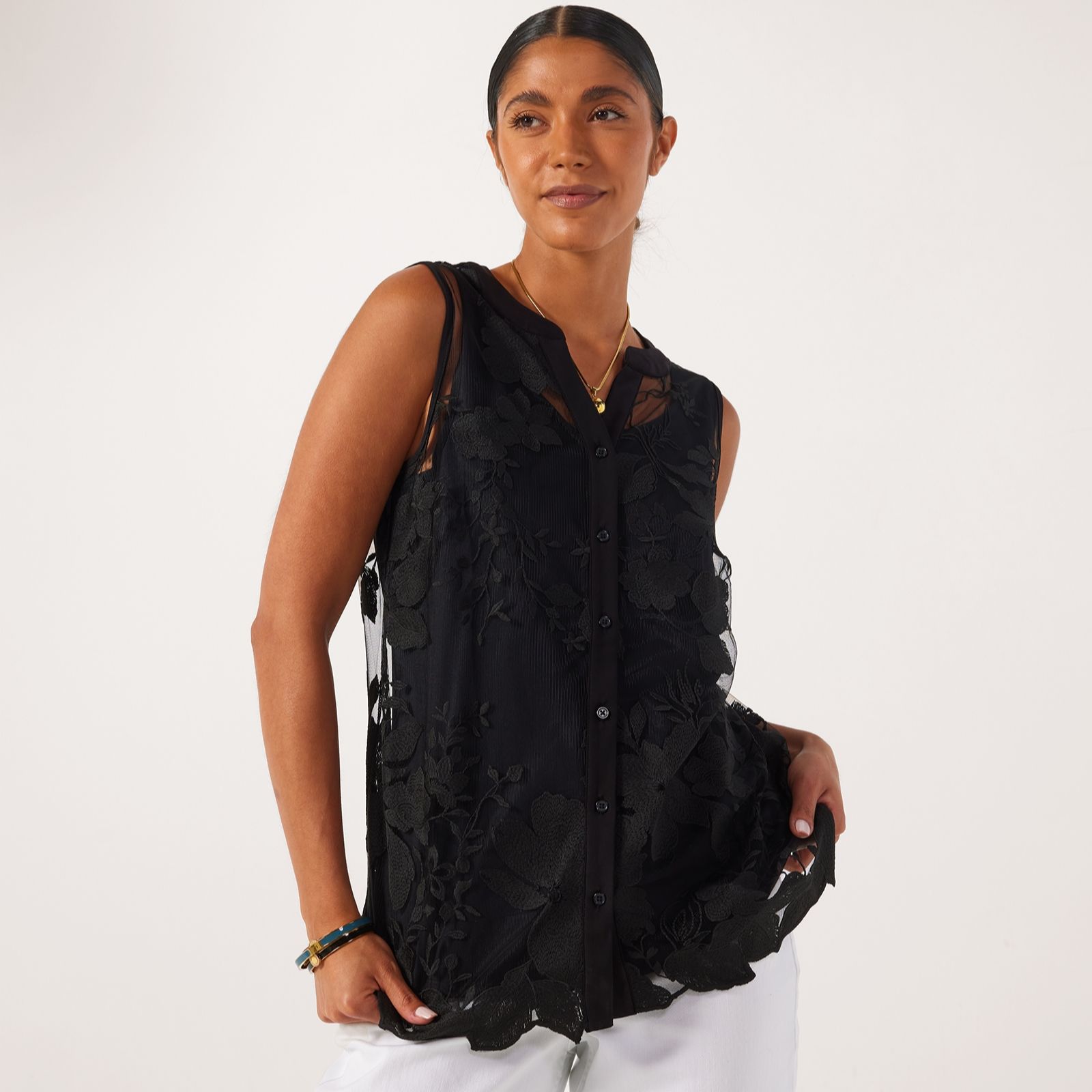 NL Sleeveless Collared Novelty Embroidered Mesh Top With Denier Lining