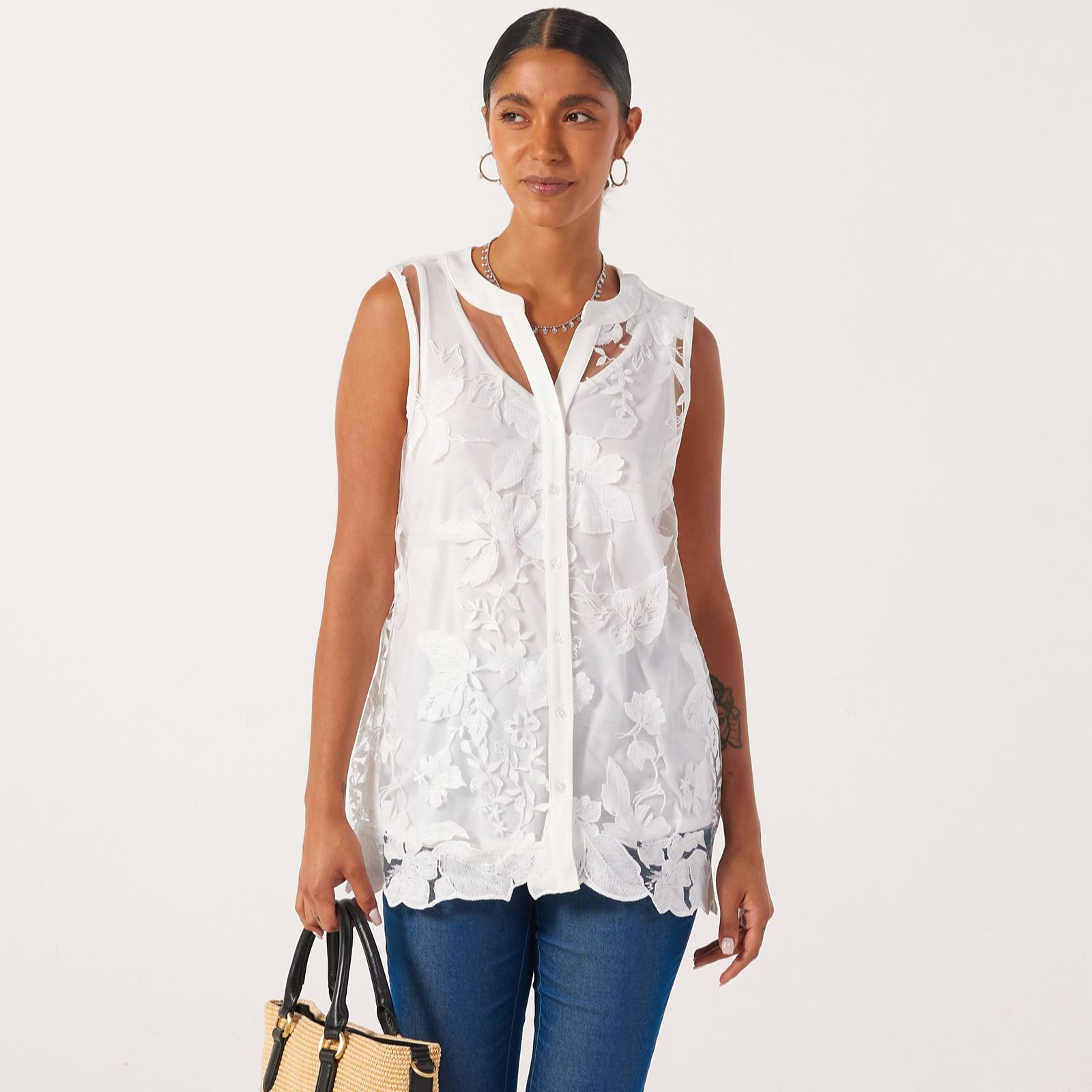NL Sleeveless Collared Novelty Embroidered Mesh Top With Denier Lining