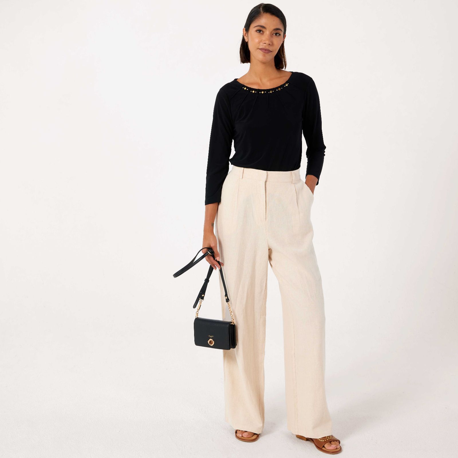 Nina Leonard 3/4 Sleeve Pleated Stud Neck Line Tunic