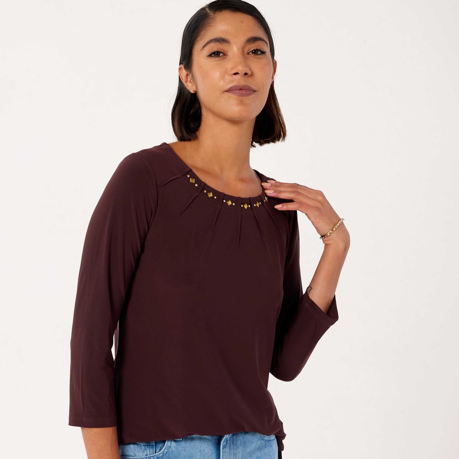 Nina Leonard 3/4 Sleeve Pleated Stud Neck Line Tunic