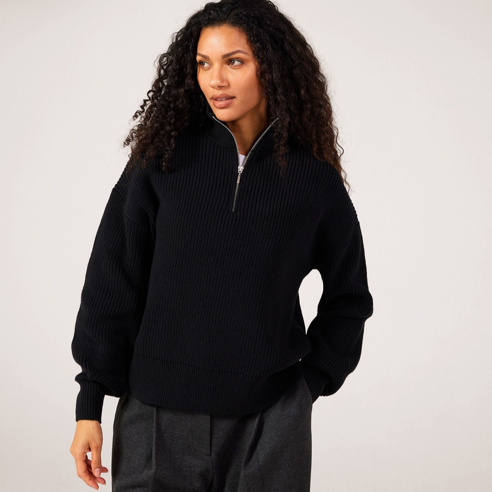 MarlaWynne Collection Cotton Blend 1/2 Zip Jumper With Sleeve Detail