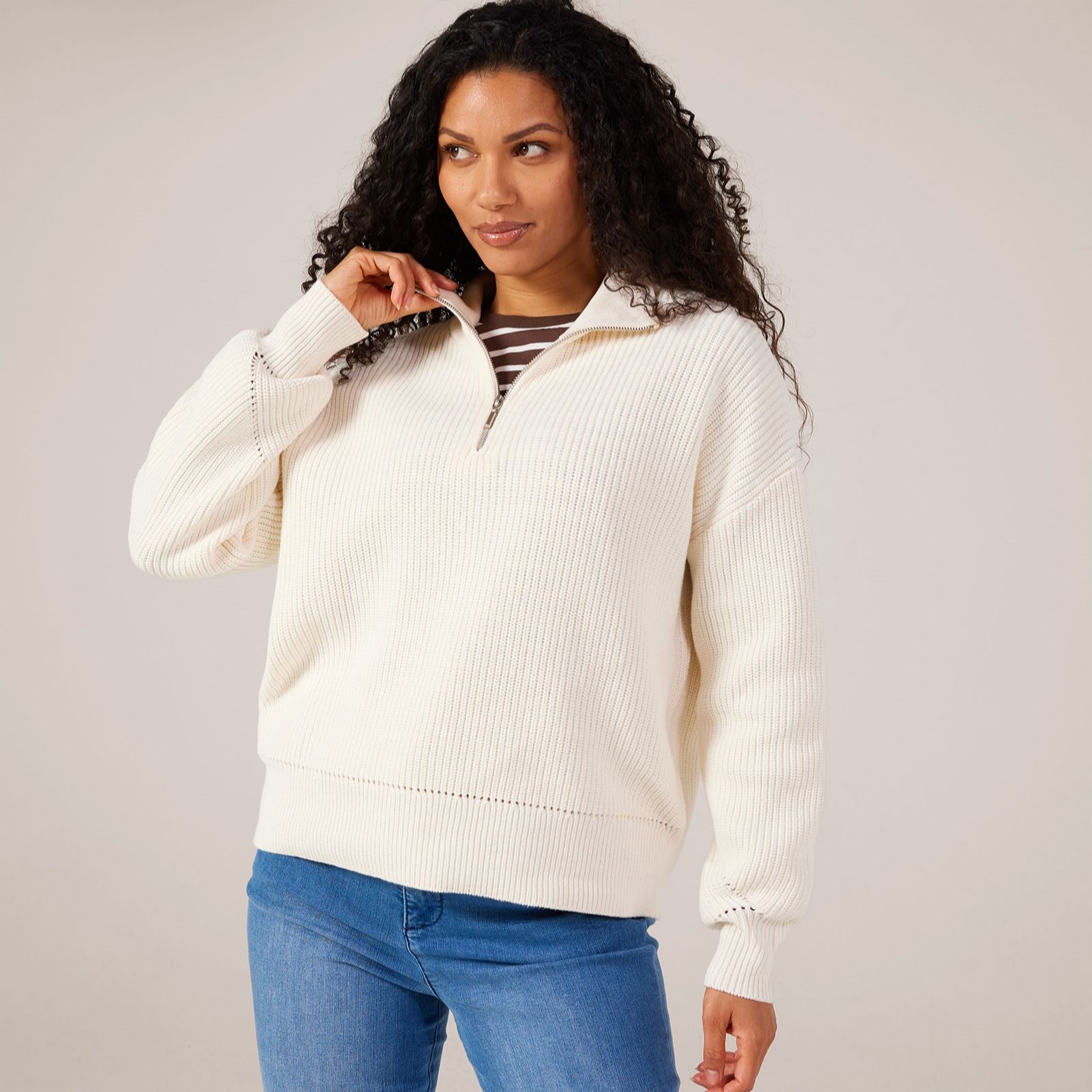 MarlaWynne Collection Cotton Blend 1/2 Zip Jumper With Sleeve Detail