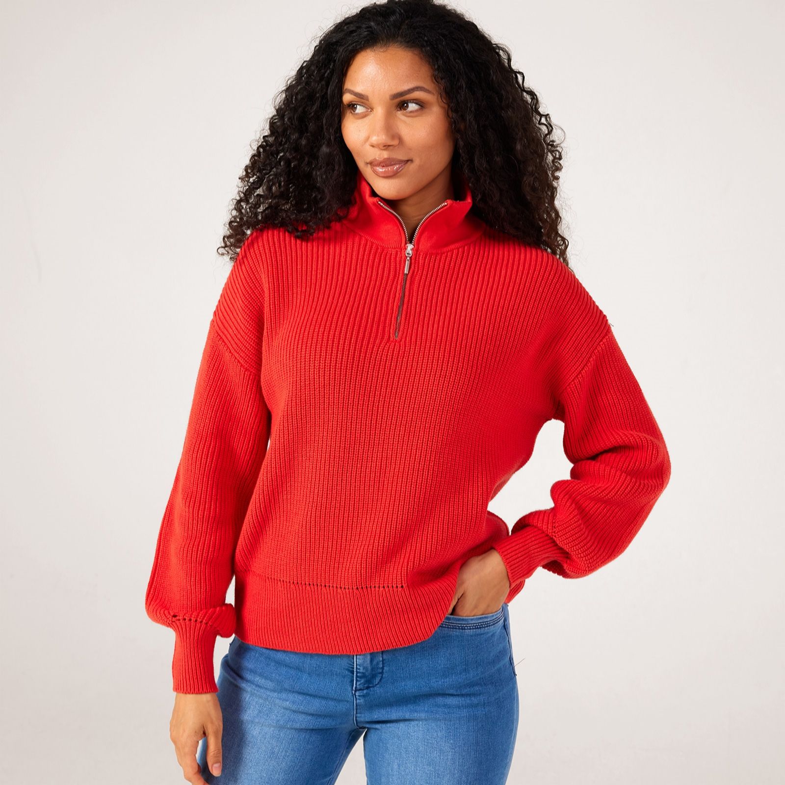 MarlaWynne Collection Cotton Blend 1/2 Zip Jumper With Sleeve Detail