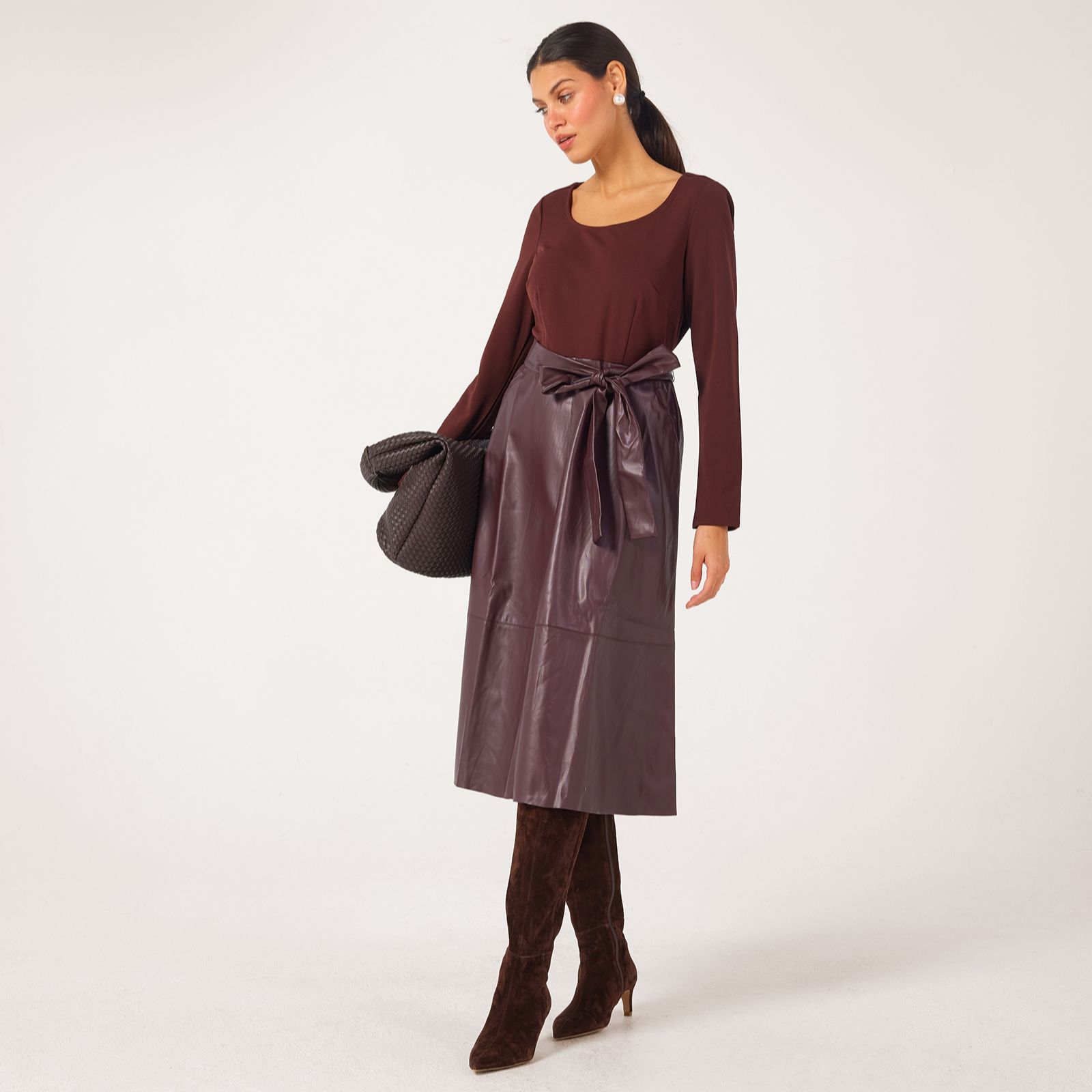 Nina Leonard Long Sleeve A Line Dress With Pleather Skirt