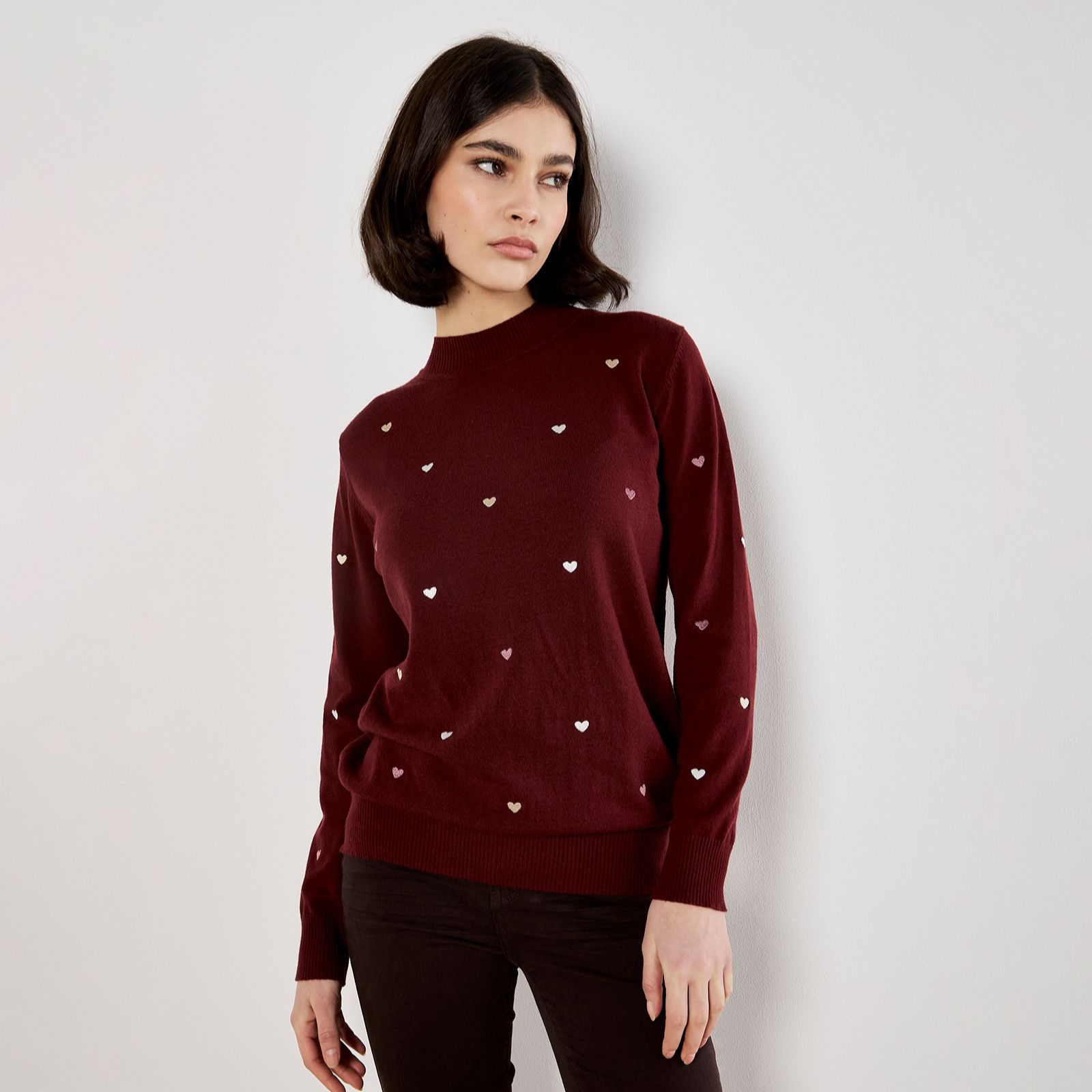 Apricot Embroidered Hearts Mock Neck Jumper