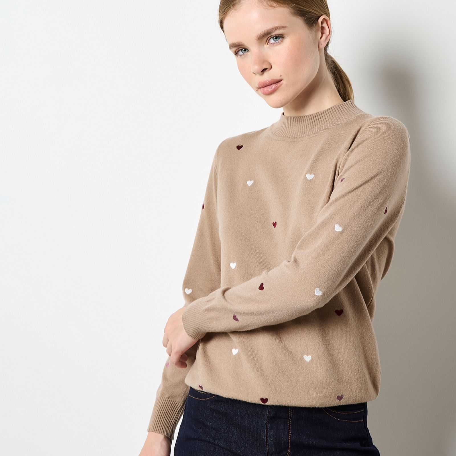Apricot Embroidered Hearts Mock Neck Jumper