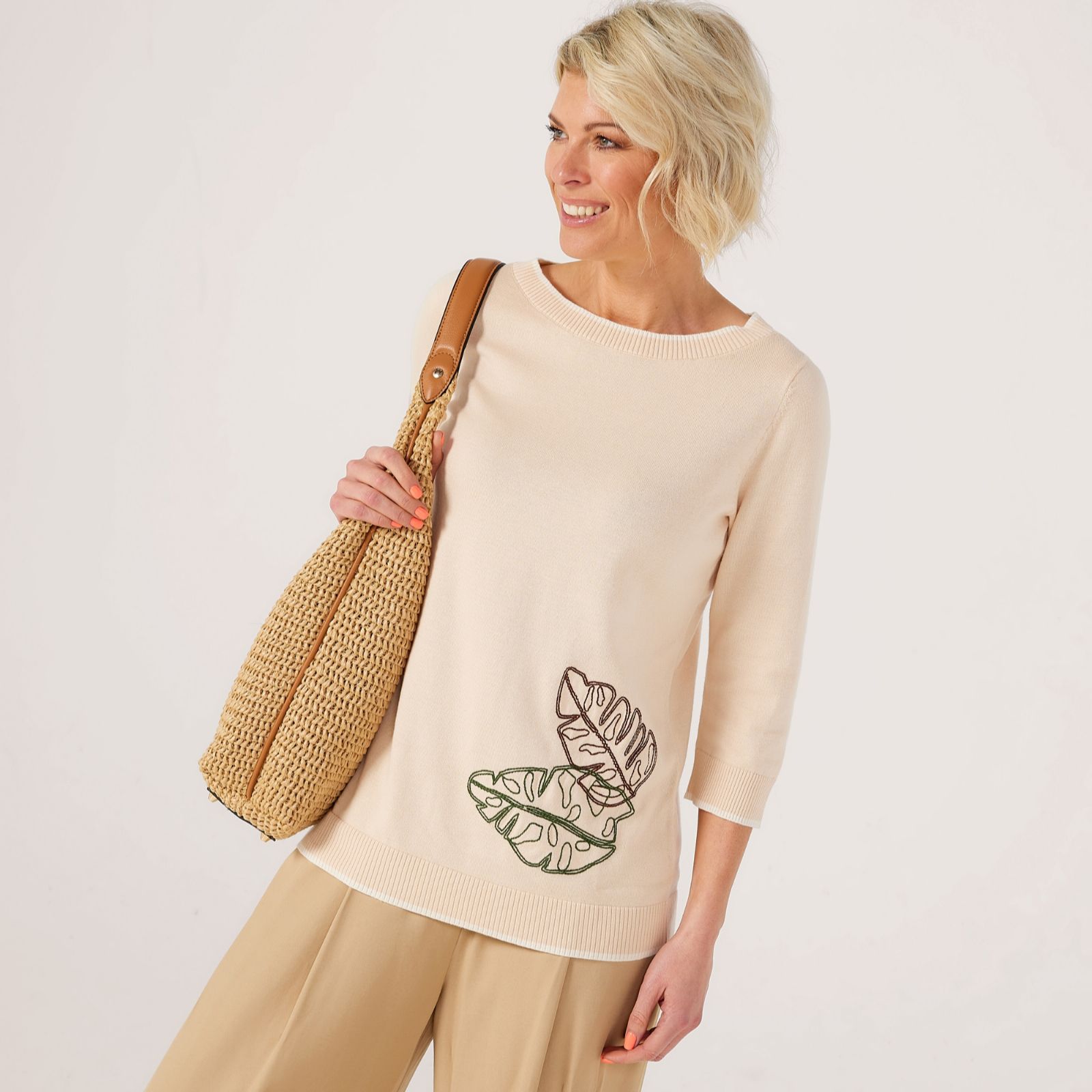 Denim & Co Cotton Boatneck Jumper With Leaf Detail