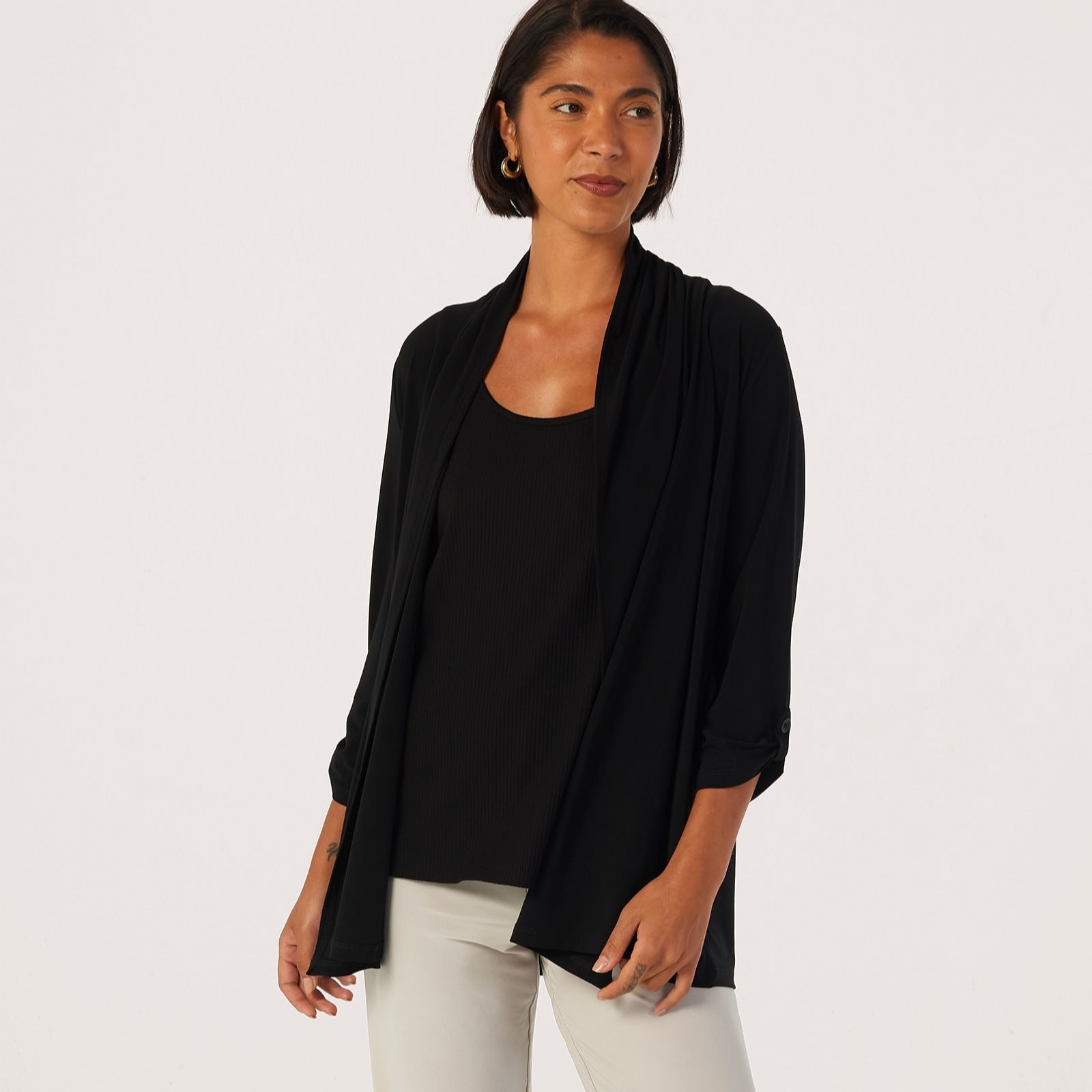 Kim & Co Deluxe Brazil Jersey Roll Up 3/4 Sleeve Edge to Edge Cardigan