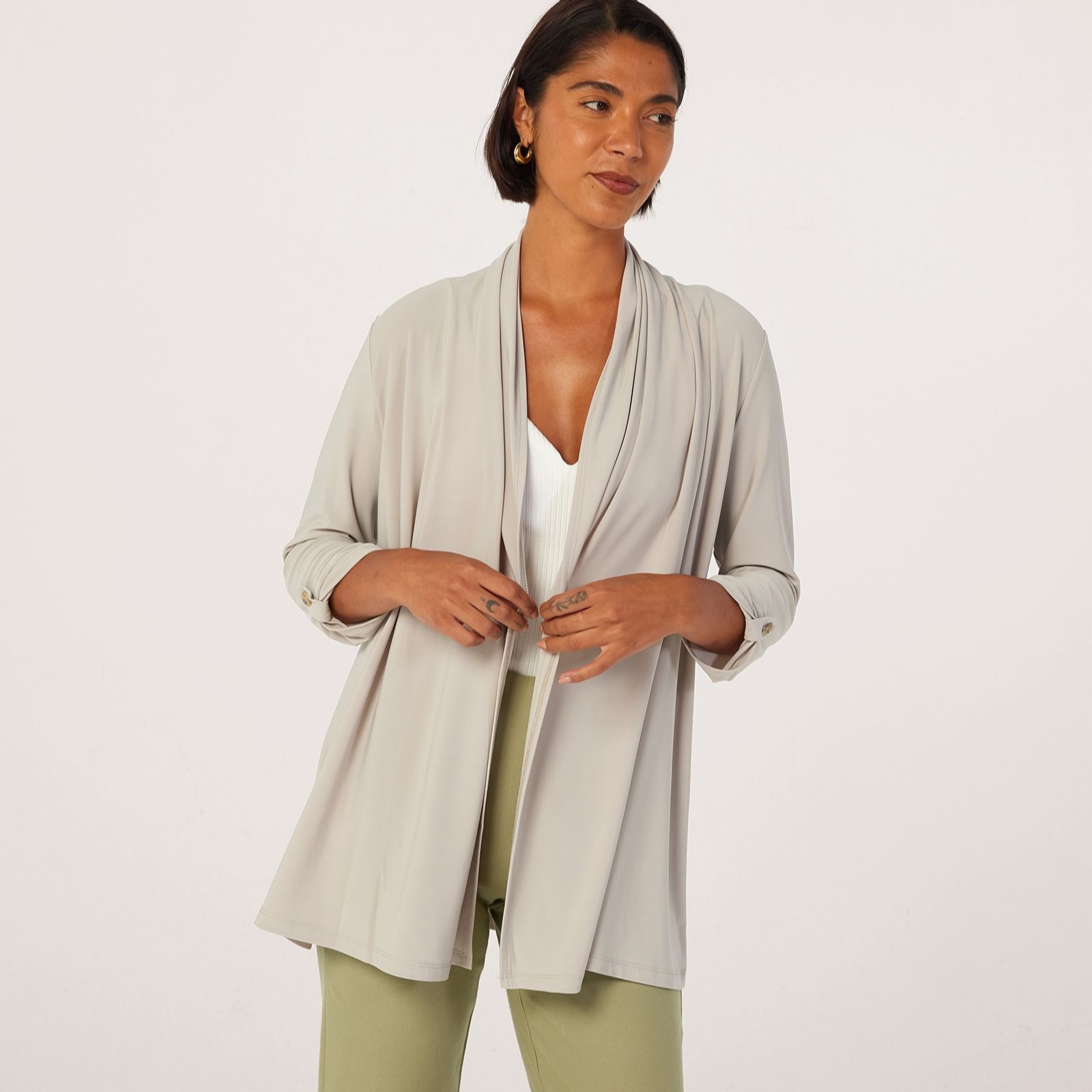 Kim & Co Deluxe Brazil Jersey Roll Up 3/4 Sleeve Edge to Edge Cardigan