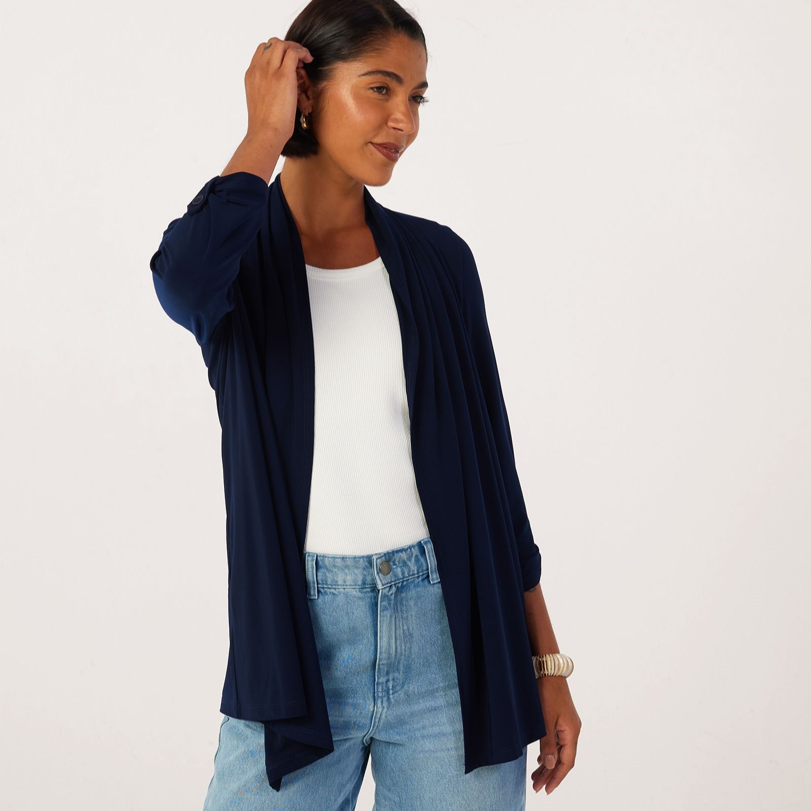 Kim & Co Deluxe Brazil Jersey Roll Up 3/4 Sleeve Edge to Edge Cardigan