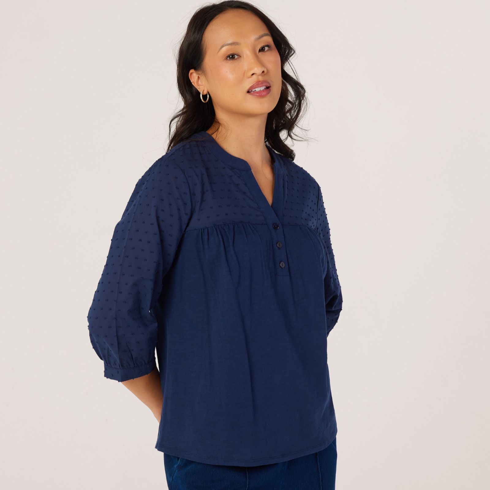 Denim & Co. Mix Media Embroidered Top