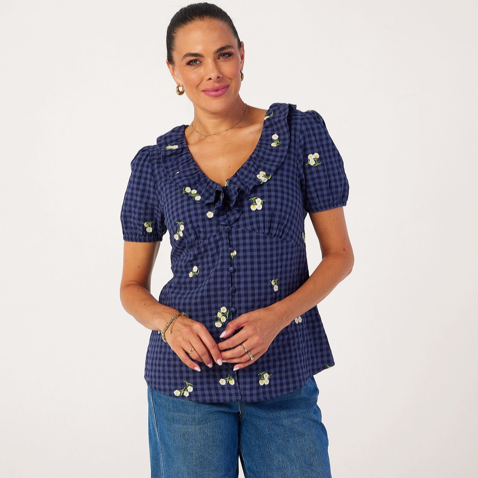 Finery London Brooke Seersucker Daisy Embroidered Button Through Top