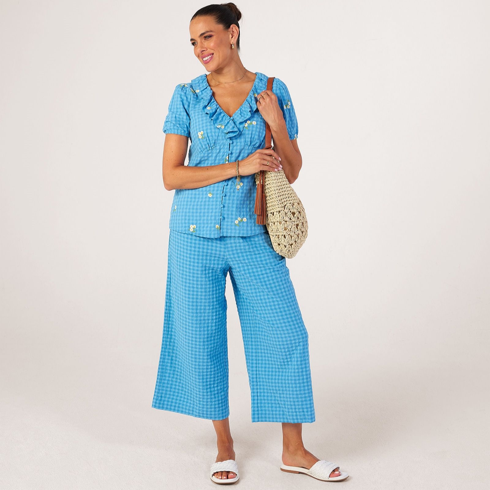Finery London Brooke Seersucker Daisy Embroidered Button Through Top