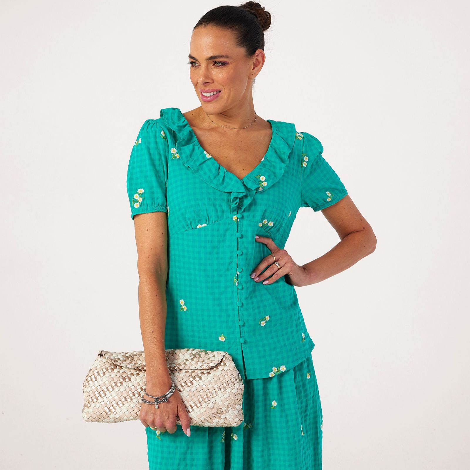 Finery London Brooke Seersucker Daisy Embroidered Button Through Top