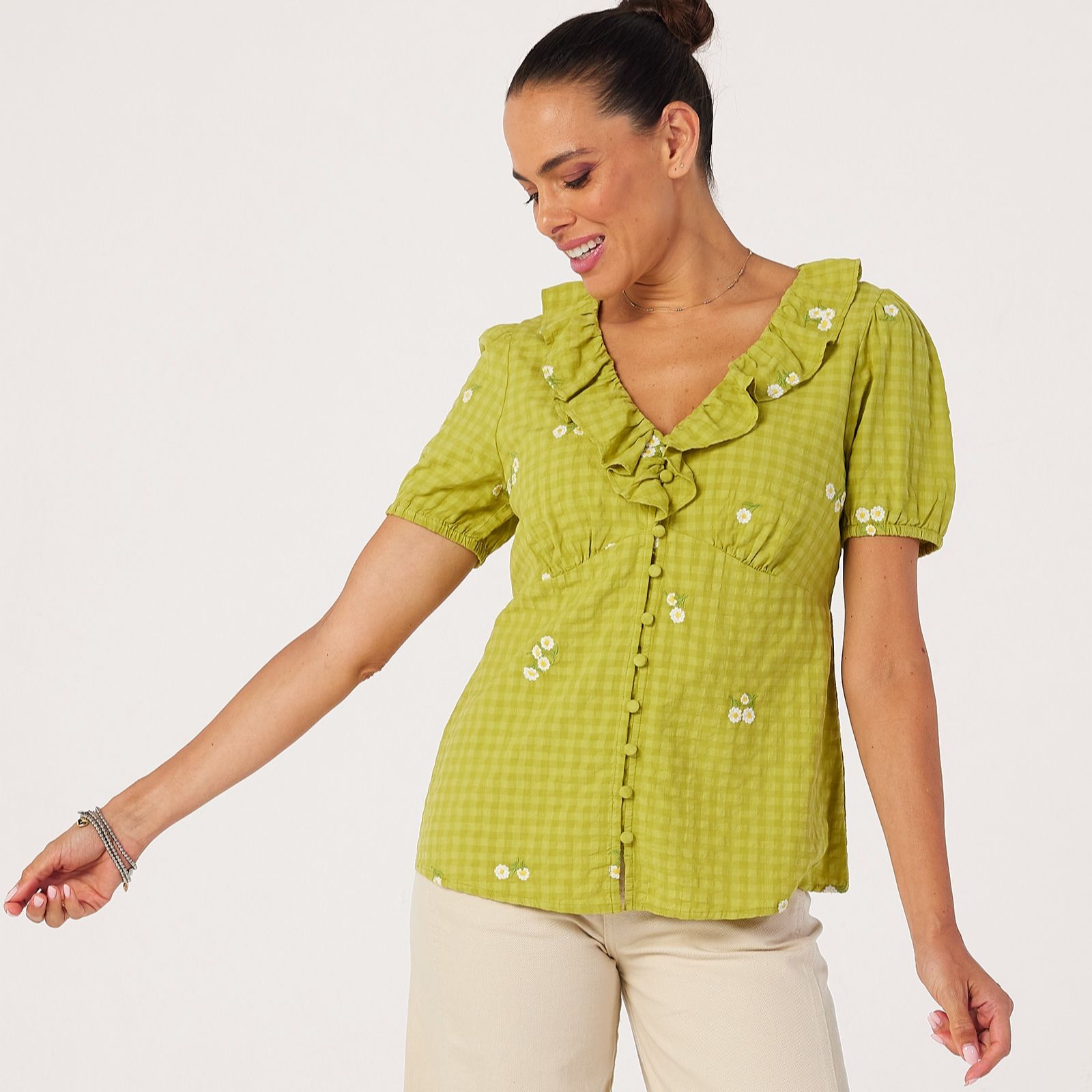 Finery London Brooke Seersucker Daisy Embroidered Button Through Top