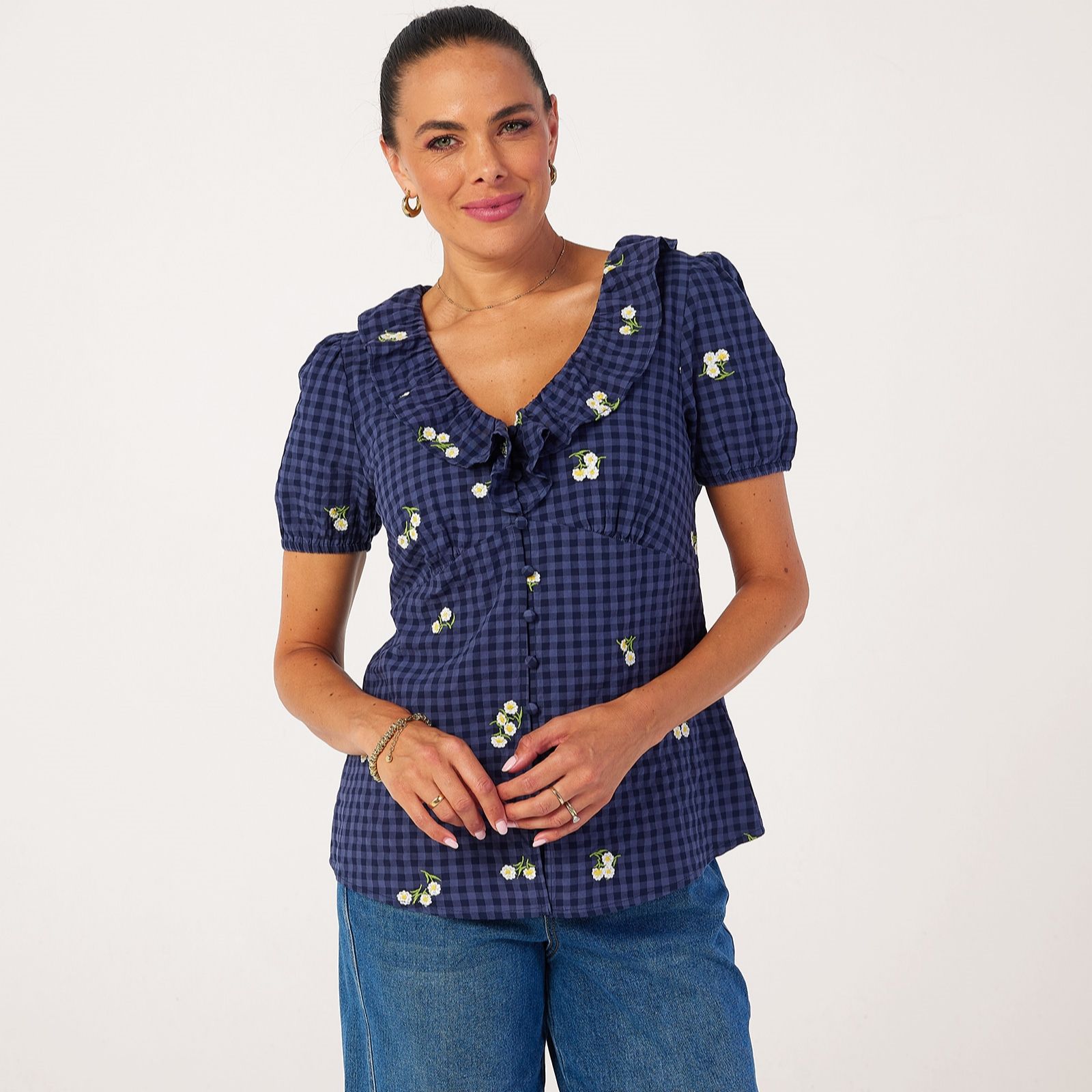 Finery London Brooke Seersucker Daisy Embroidered Button Through Top