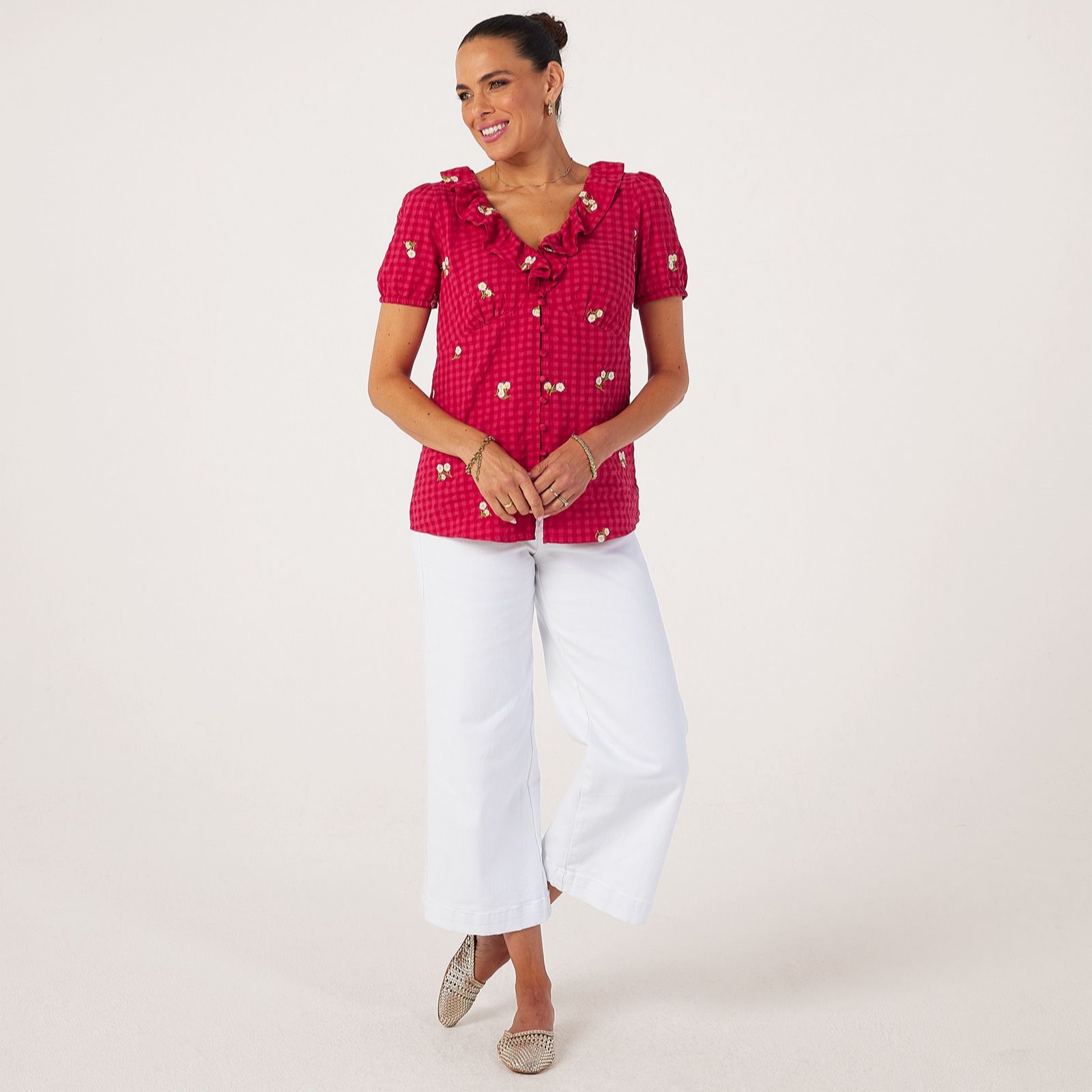 Finery London Brooke Seersucker Daisy Embroidered Button Through Top