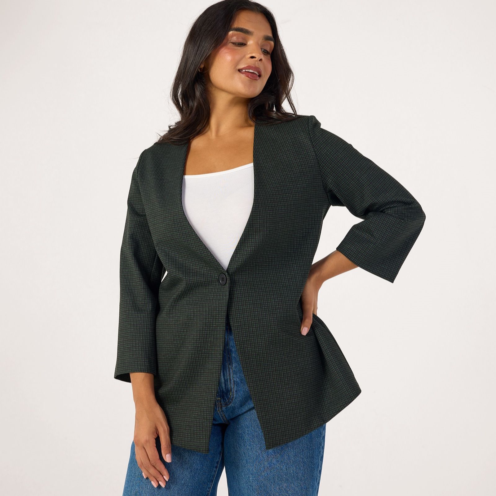 Kim & Co Mini Check Ponte Jersey 3/4 Sleeve Blazer