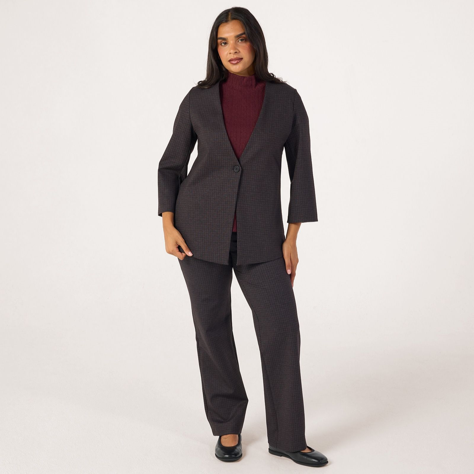 Kim & Co Mini Check Ponte Jersey 3/4 Sleeve Blazer