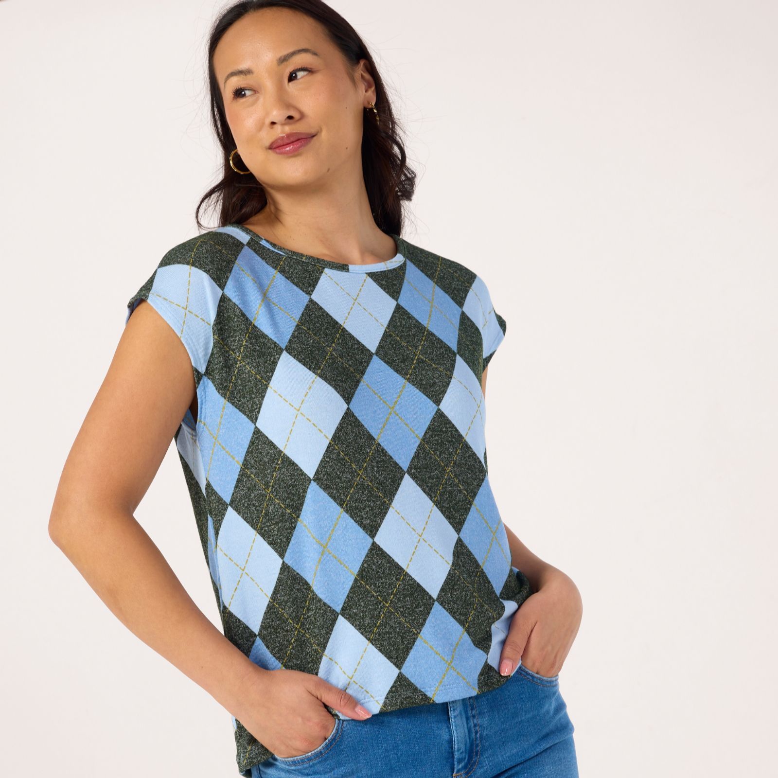 Kim & Co Argyle Print Fine Sweater Knit High-Low Vest