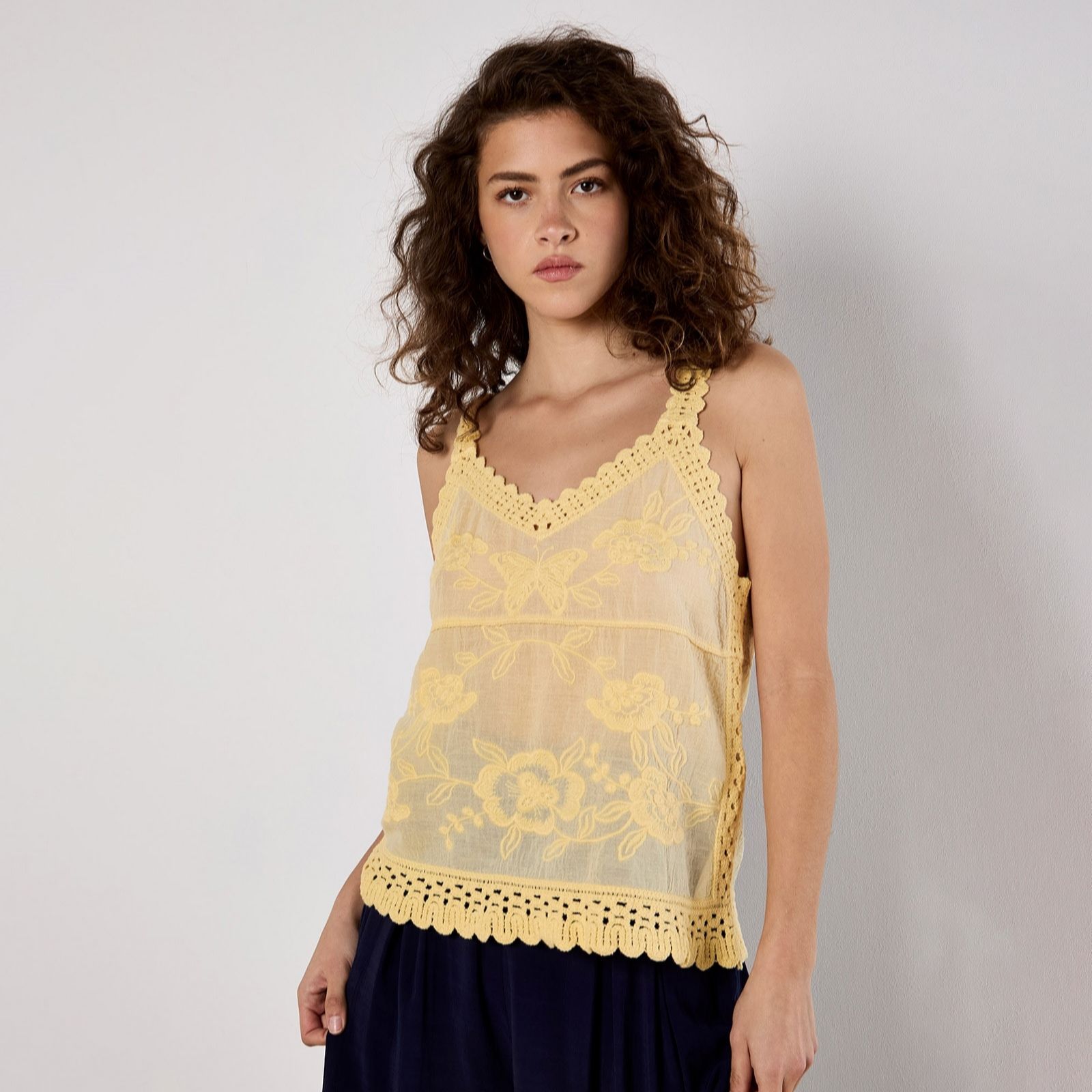 Apricot Embroidered Crochet Inserts Top