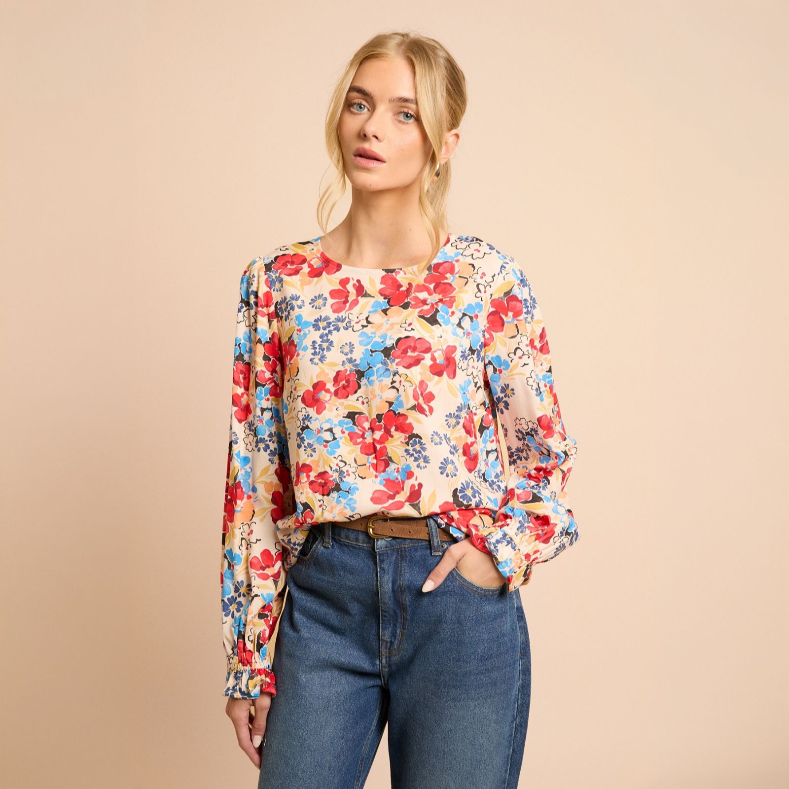 Dorothy Perkins Printed Round Neck Shirred Cuff Top