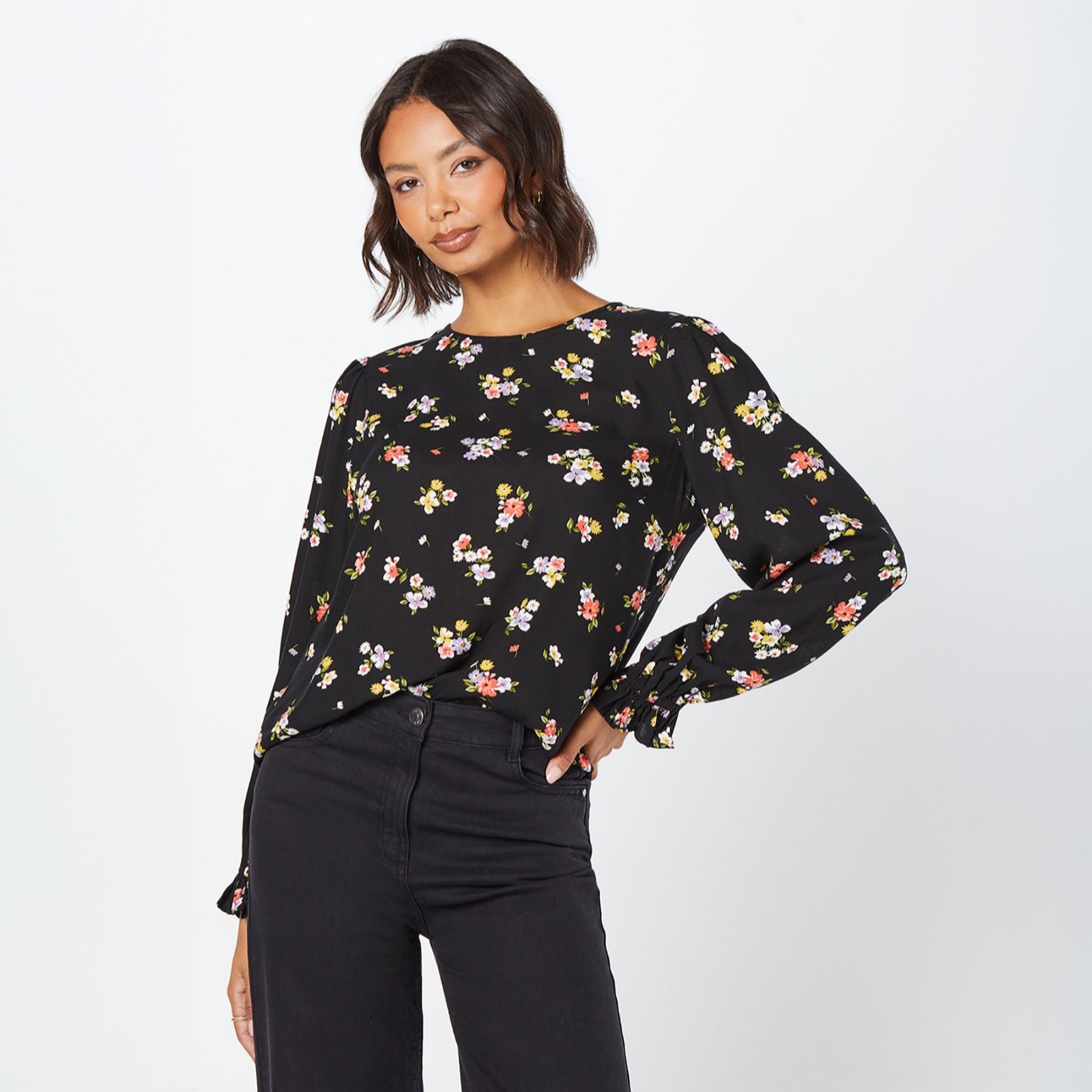 Dorothy Perkins Printed Round Neck Shirred Cuff Top