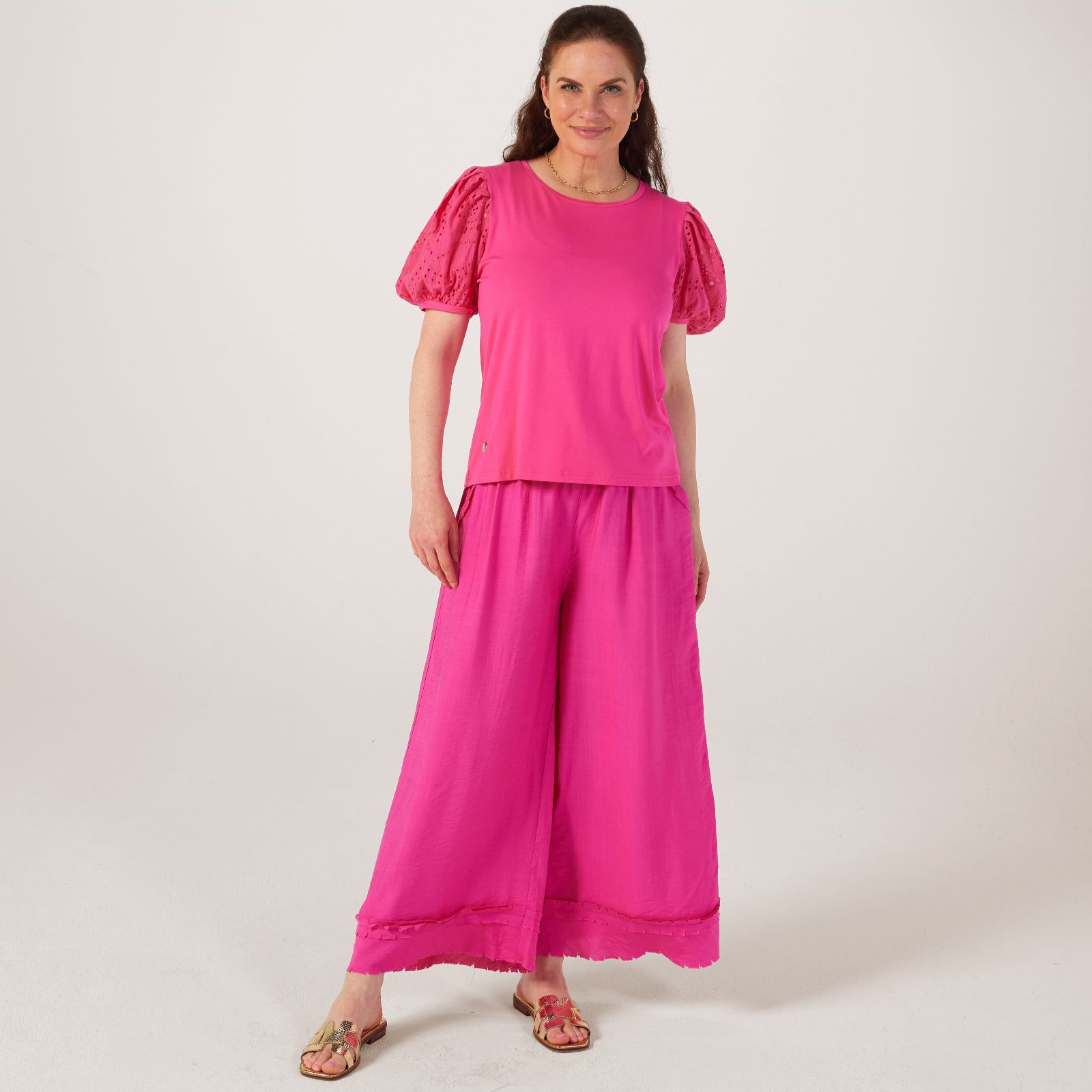 Malissa J Round Neck Jersey T-Shirt with Broderie Anglaise Sleeves - QVC UK