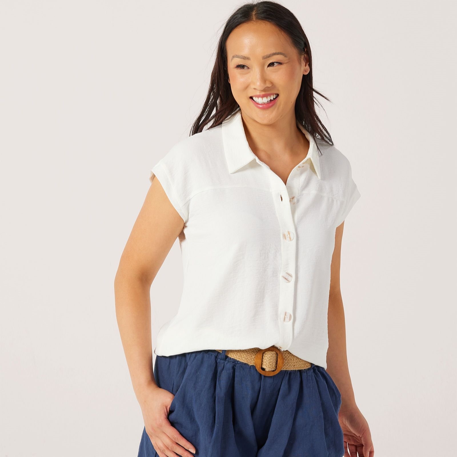 Nina Leonard Textured Wave Shirt with Novelty Big Tortoise Buttons