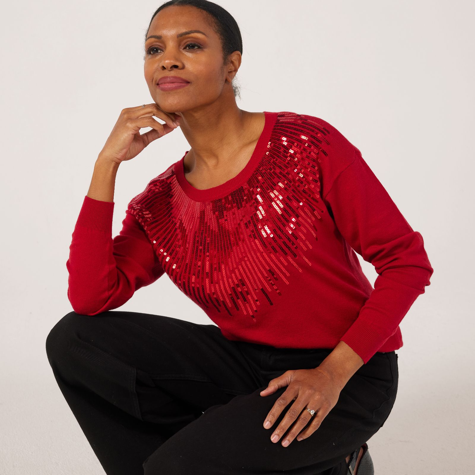 Nina Leonard Sequin Sunburst Drop Shoulder Jumper