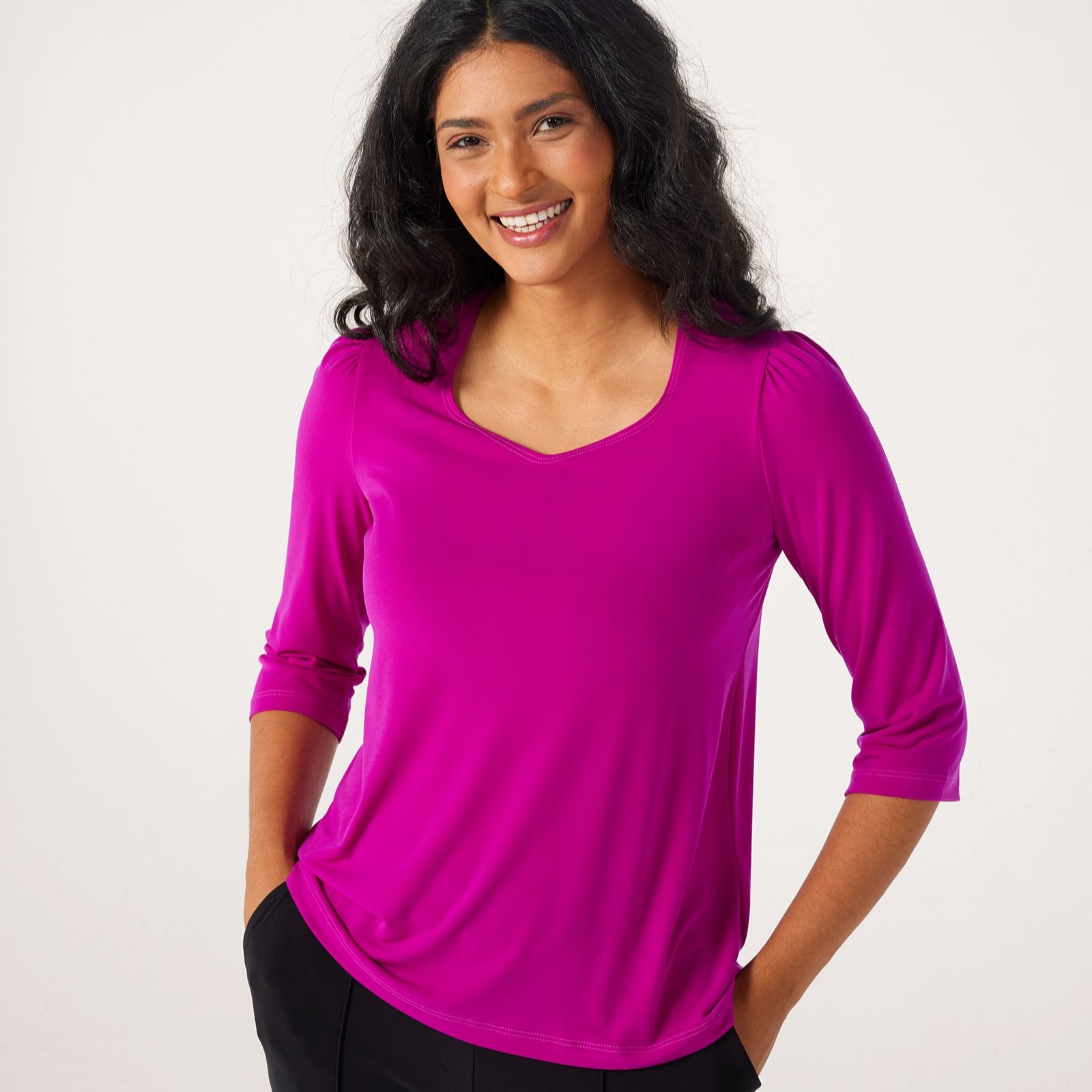Kim & Co Brazil Jersey Three-Quarter Sleeve Sweetheart Neckline Top