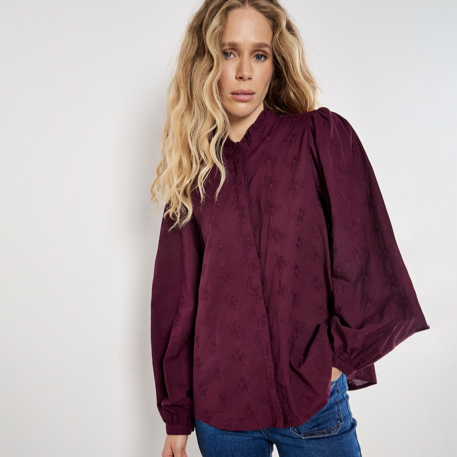  Apricot Broderie Ruffle Neck Blouse