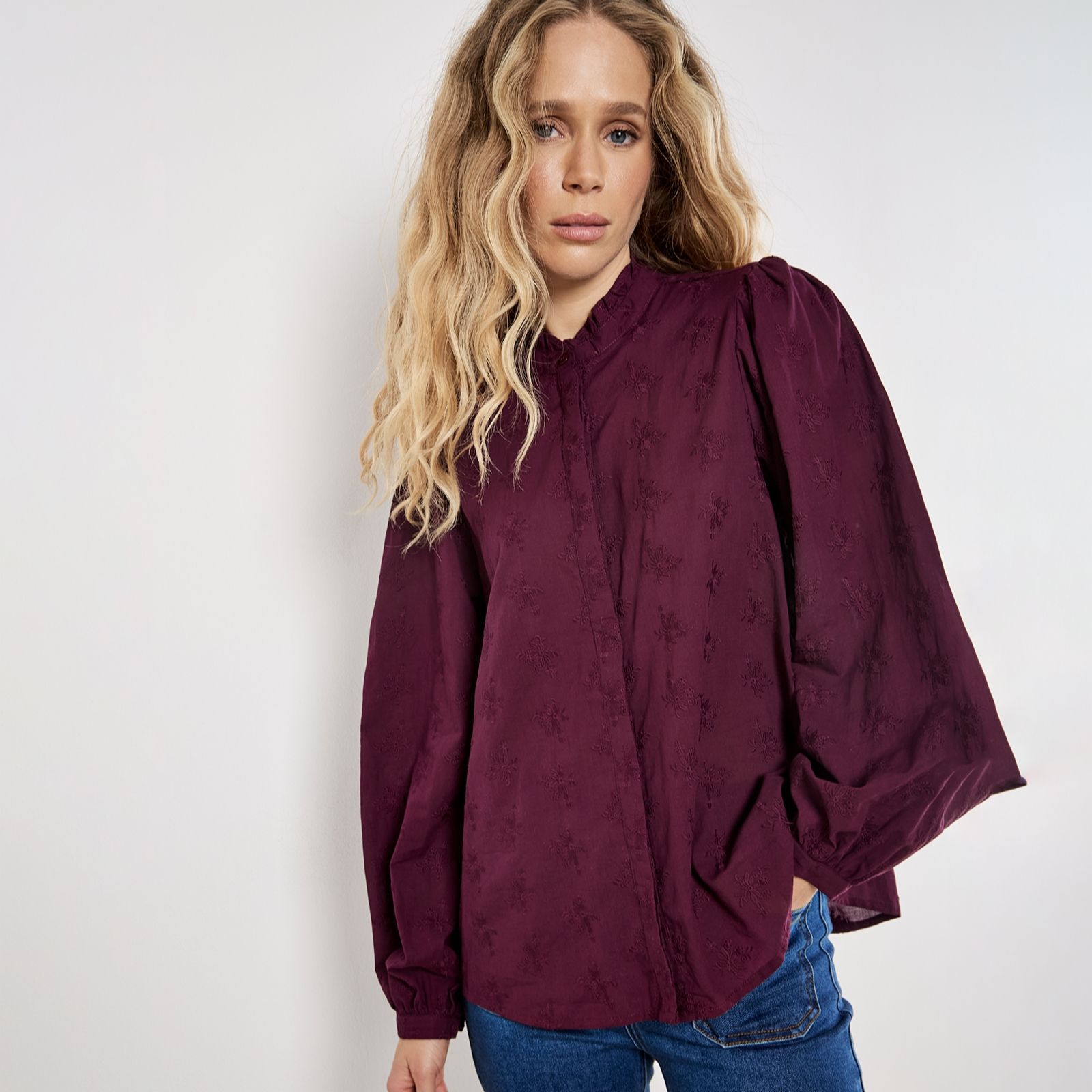 Apricot Broderie Ruffle Neck Blouse