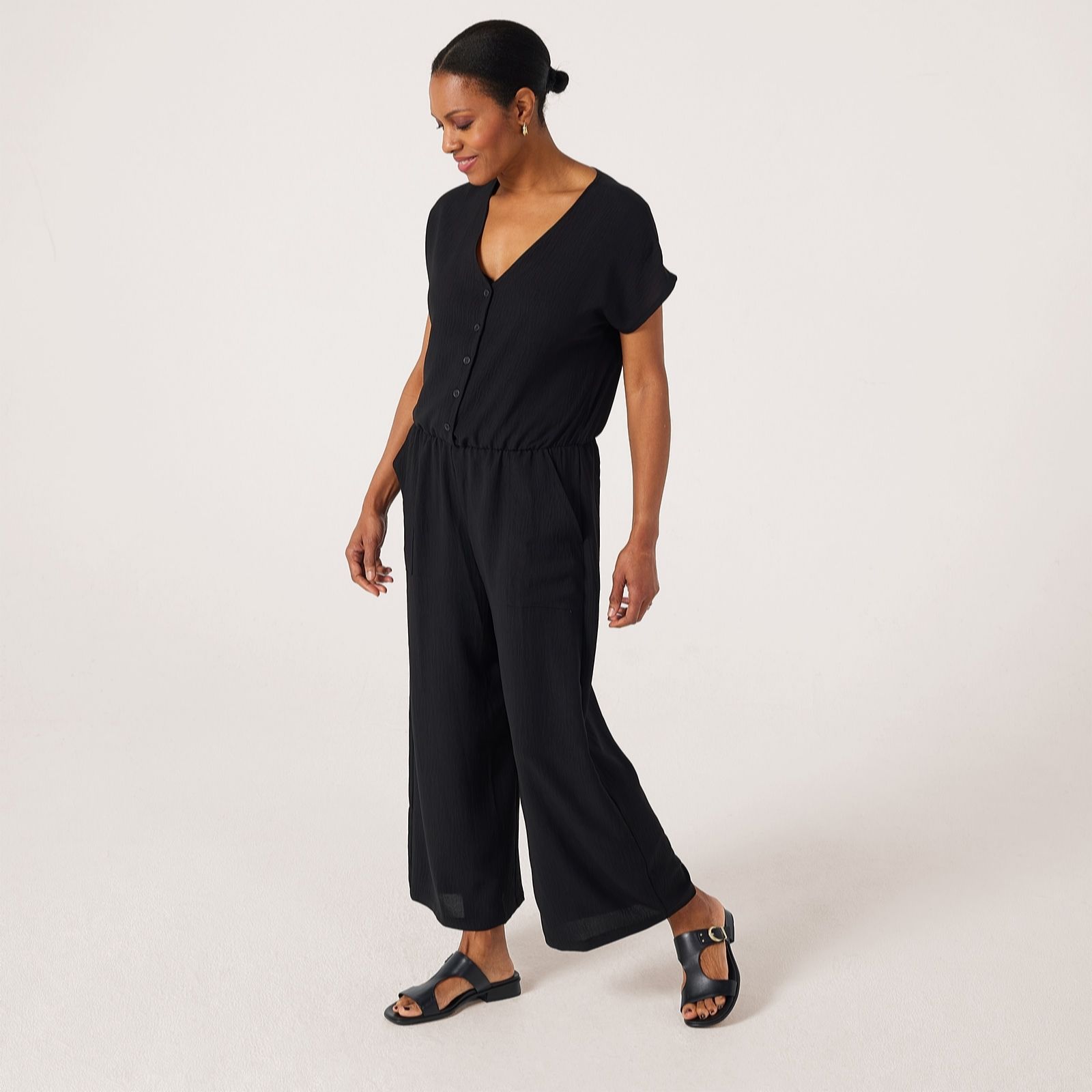 Kim & Co Crinkle Poplin Short Sleeve Cropped Standard Jumpsuit