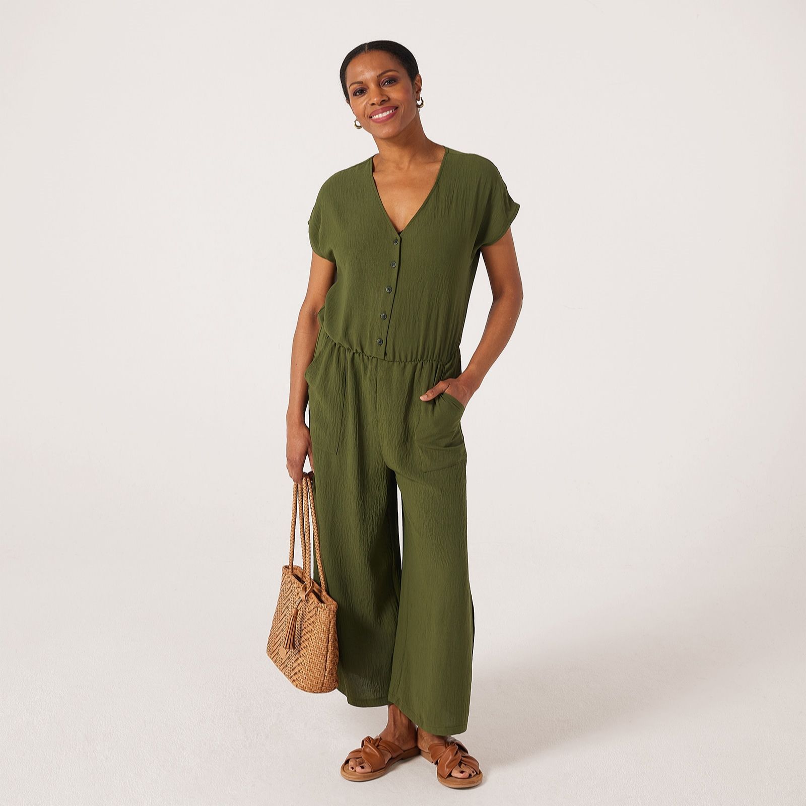 Kim & Co Crinkle Poplin Short Sleeve Cropped Standard Jumpsuit
