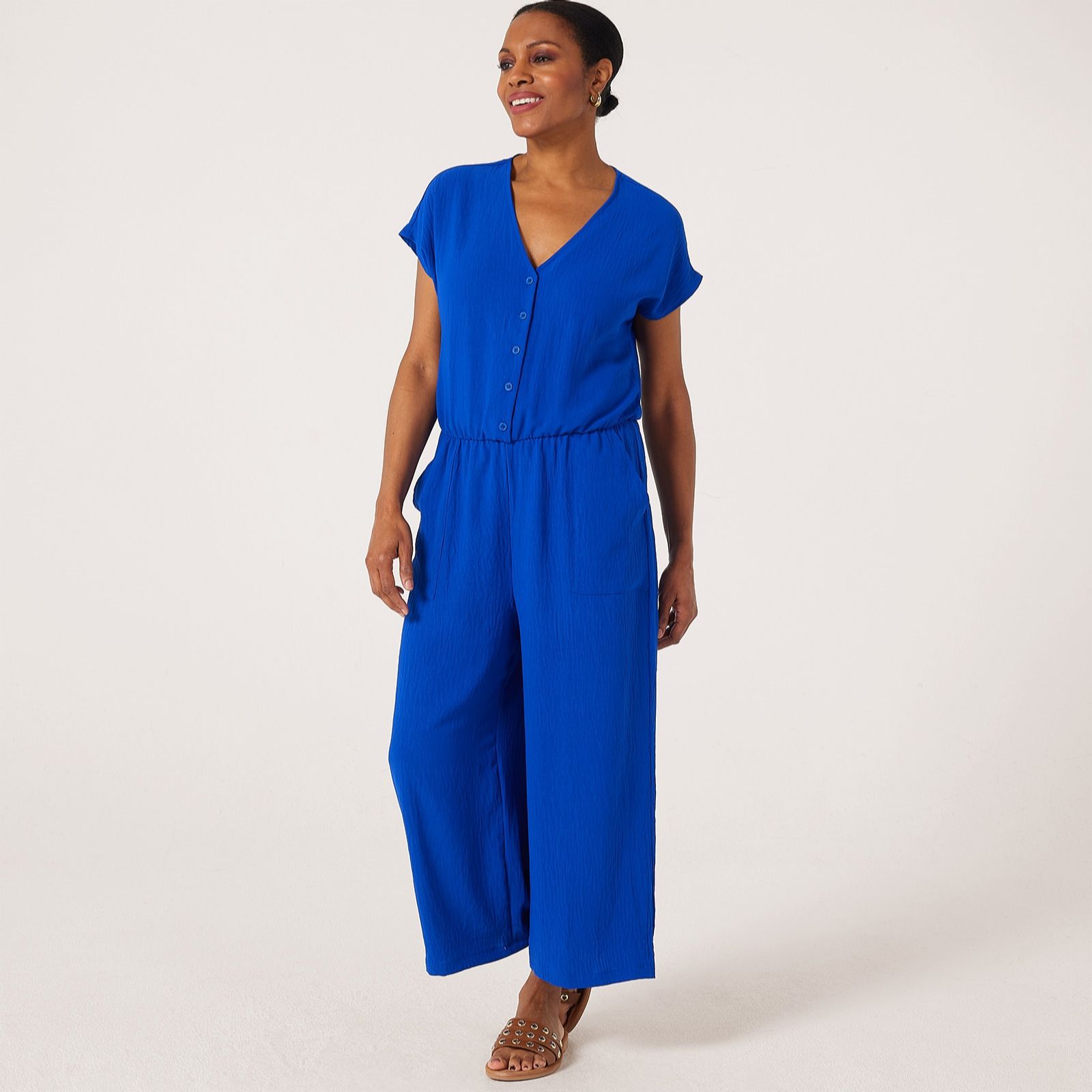 Kim & Co Crinkle Poplin Short Sleeve Cropped Standard Jumpsuit