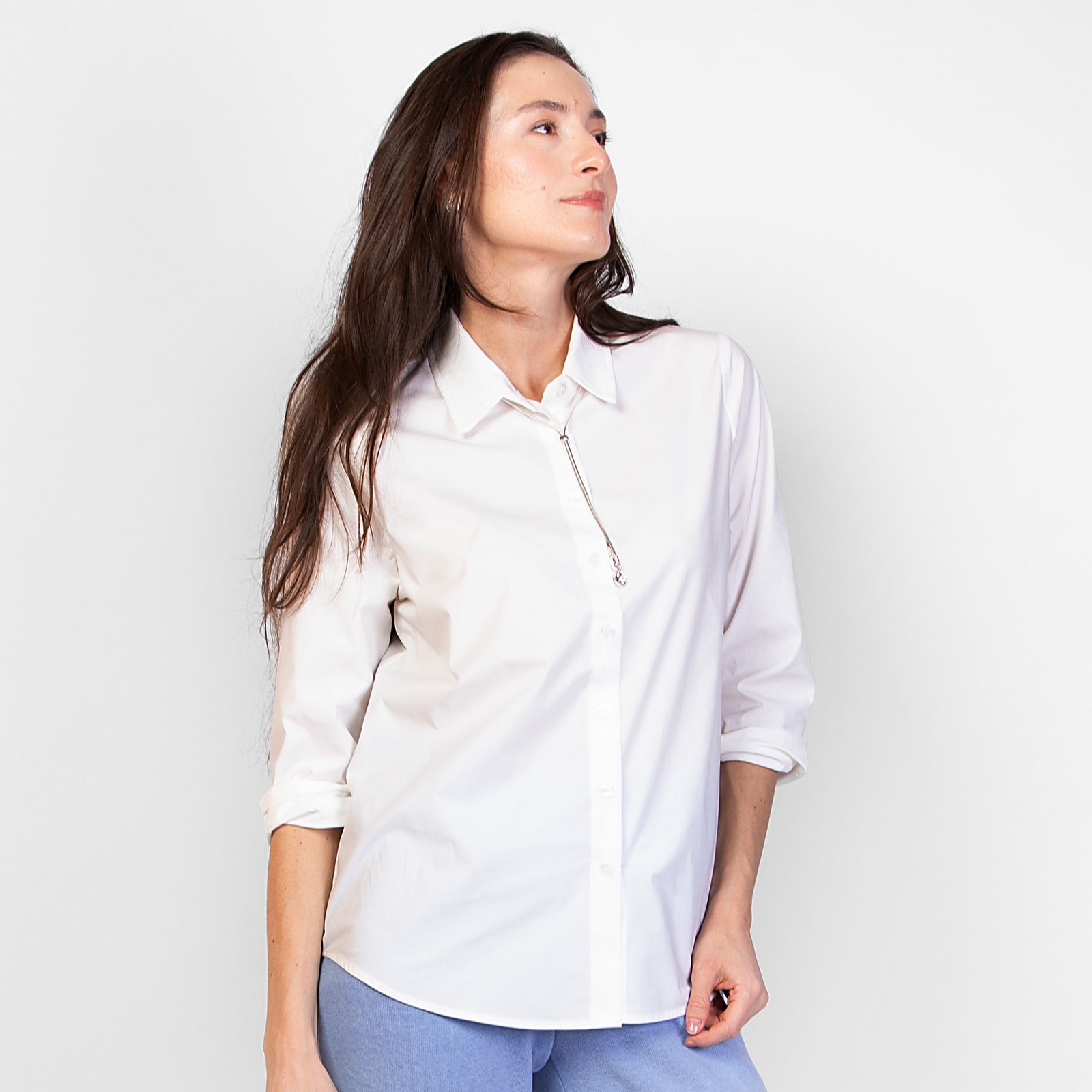 Kim & Co Lux Cotton Blend 3/4 Sleeve Shirt Fold-Up Cuff