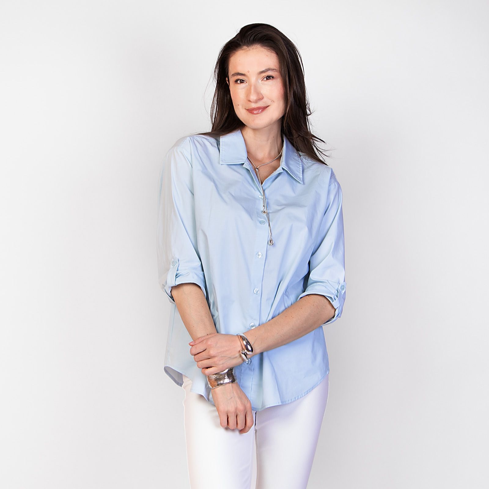 Kim & Co Lux Cotton Blend 3/4 Sleeve Shirt Fold-Up Cuff