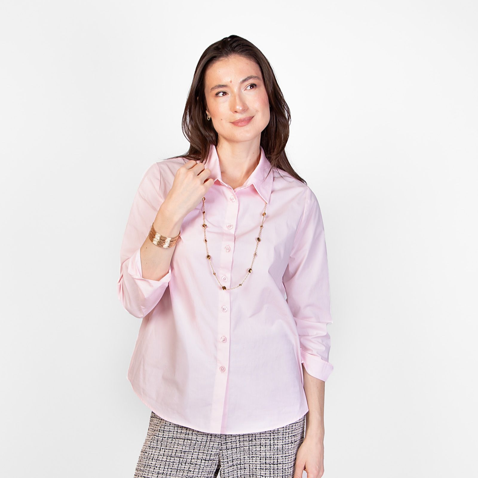 Kim & Co Lux Cotton Blend 3/4 Sleeve Shirt Fold-Up Cuff