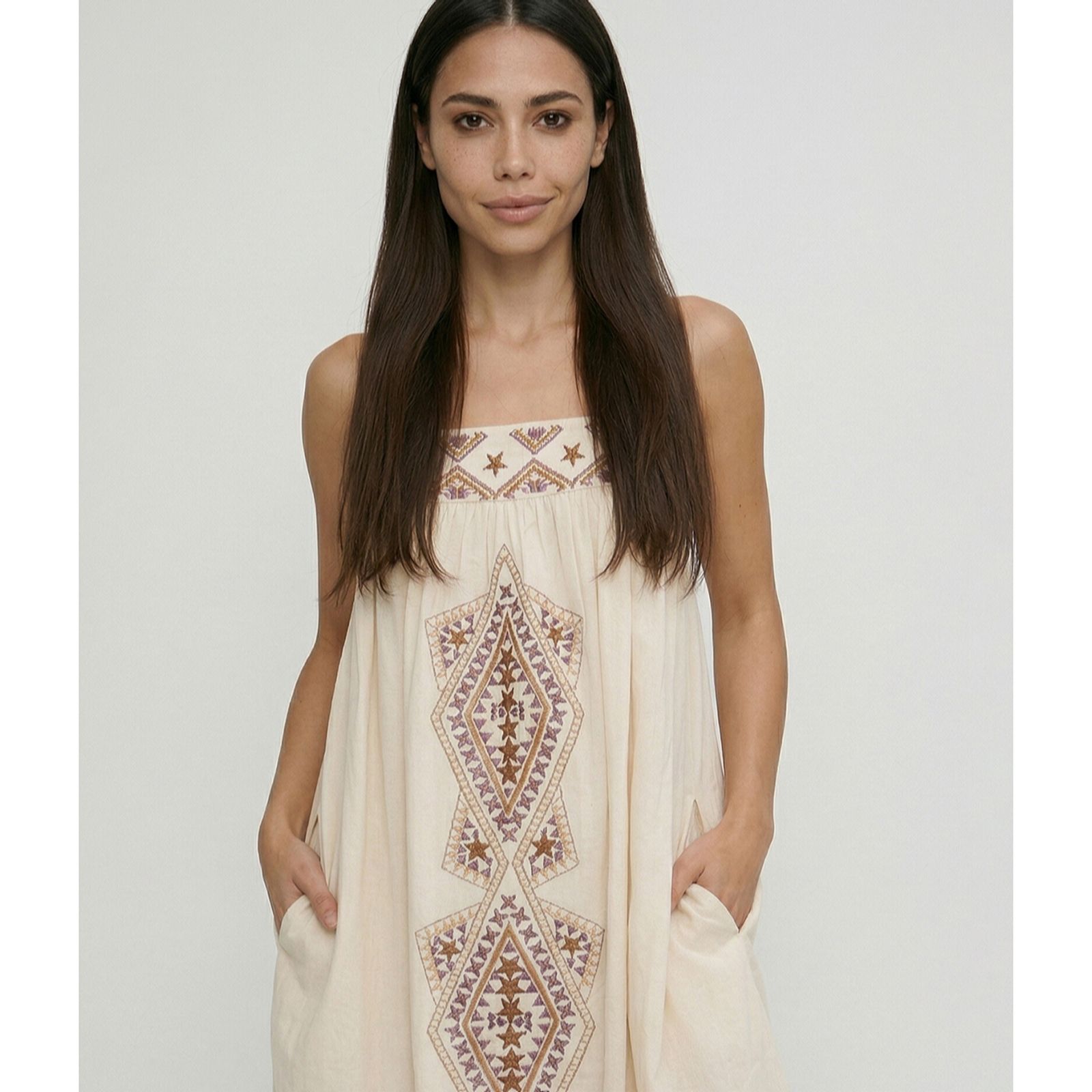 Raffya Sapphire Spaghetti Strap Embroidered Maxi Dress