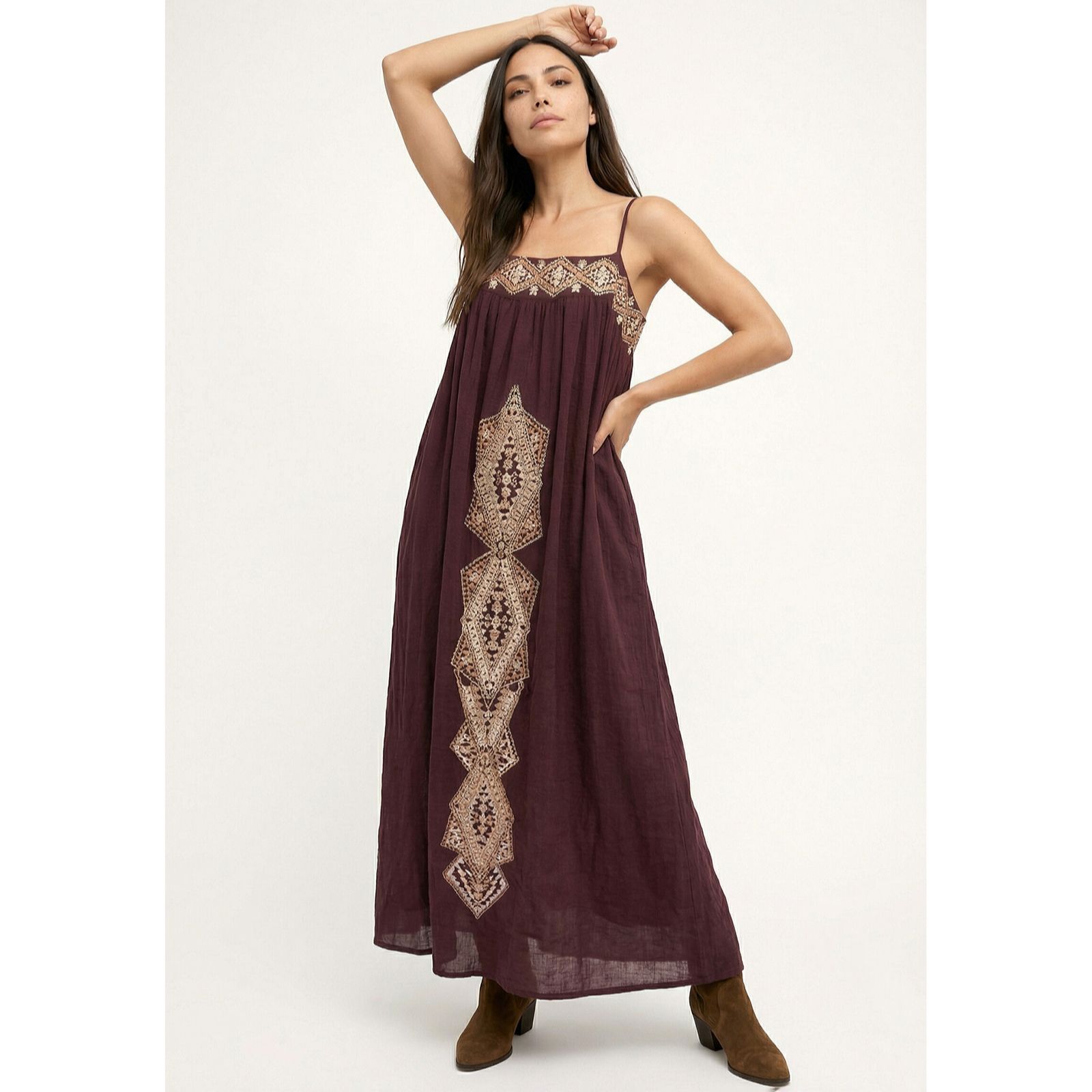 Raffya Sapphire Spaghetti Strap Embroidered Maxi Dress